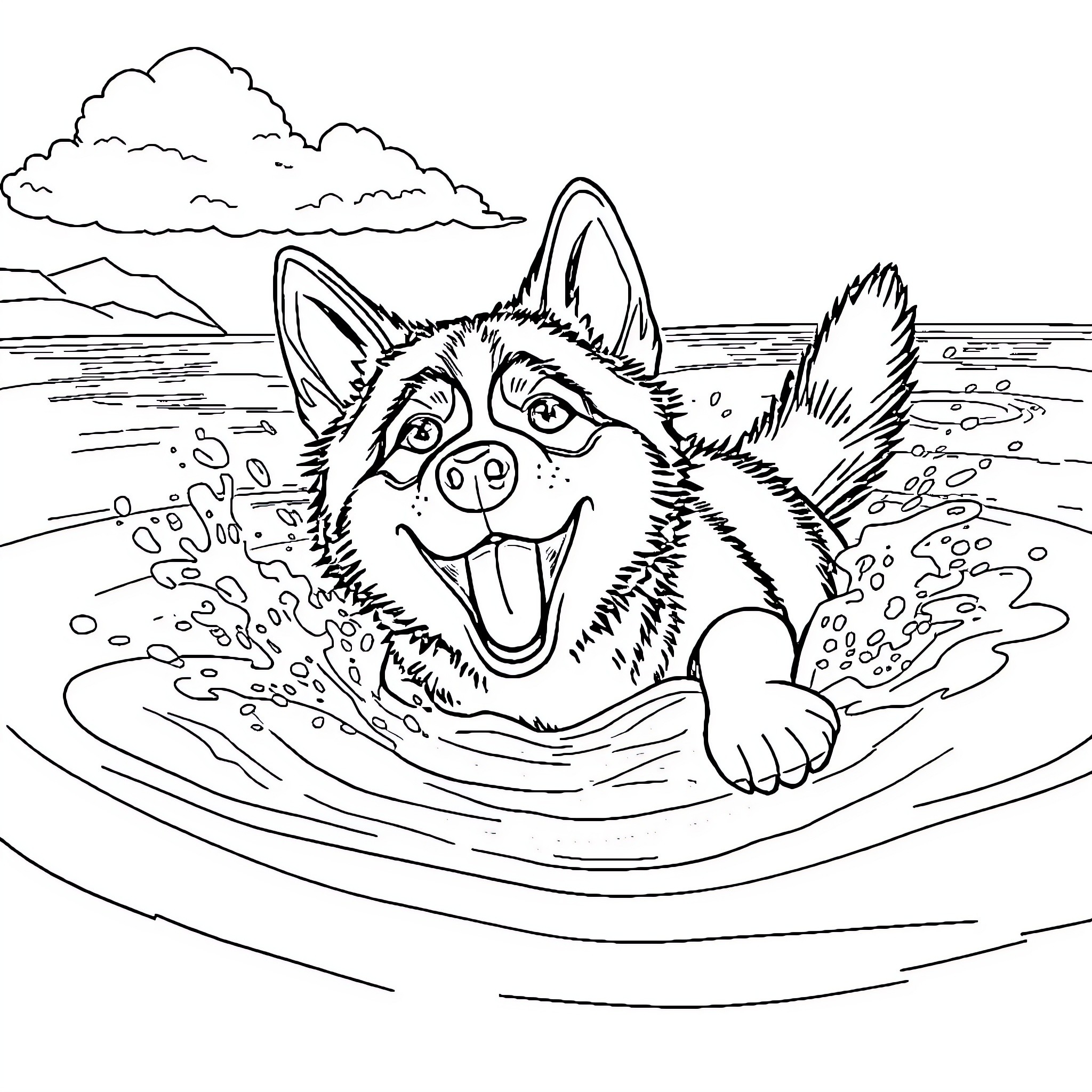 Husky enjoying a refreshing swim in the lake Coloring Page (free black-and-white line drawing printable PDF for all, from beginners to advanced learners, including children, teens, adults, and seniors)