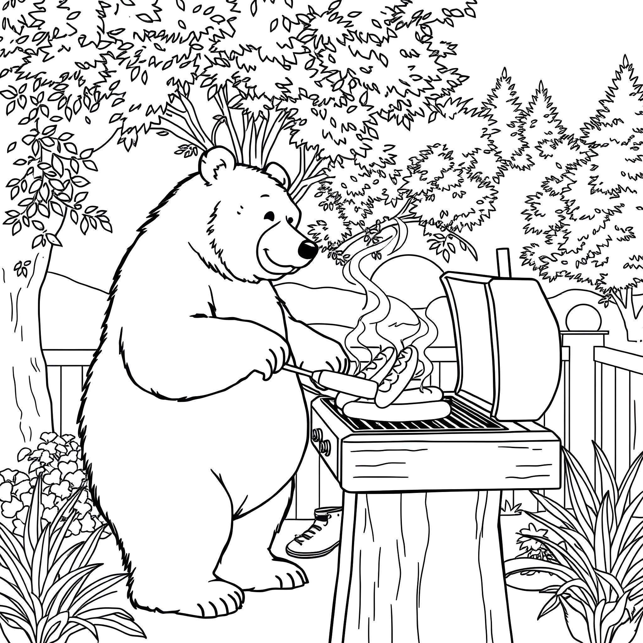 Bear Grilling Hotdogs in the Backyard Coloring Page (free black-and-white line drawing printable PDF for all, from beginners to advanced learners, including children, teens, adults, and seniors)