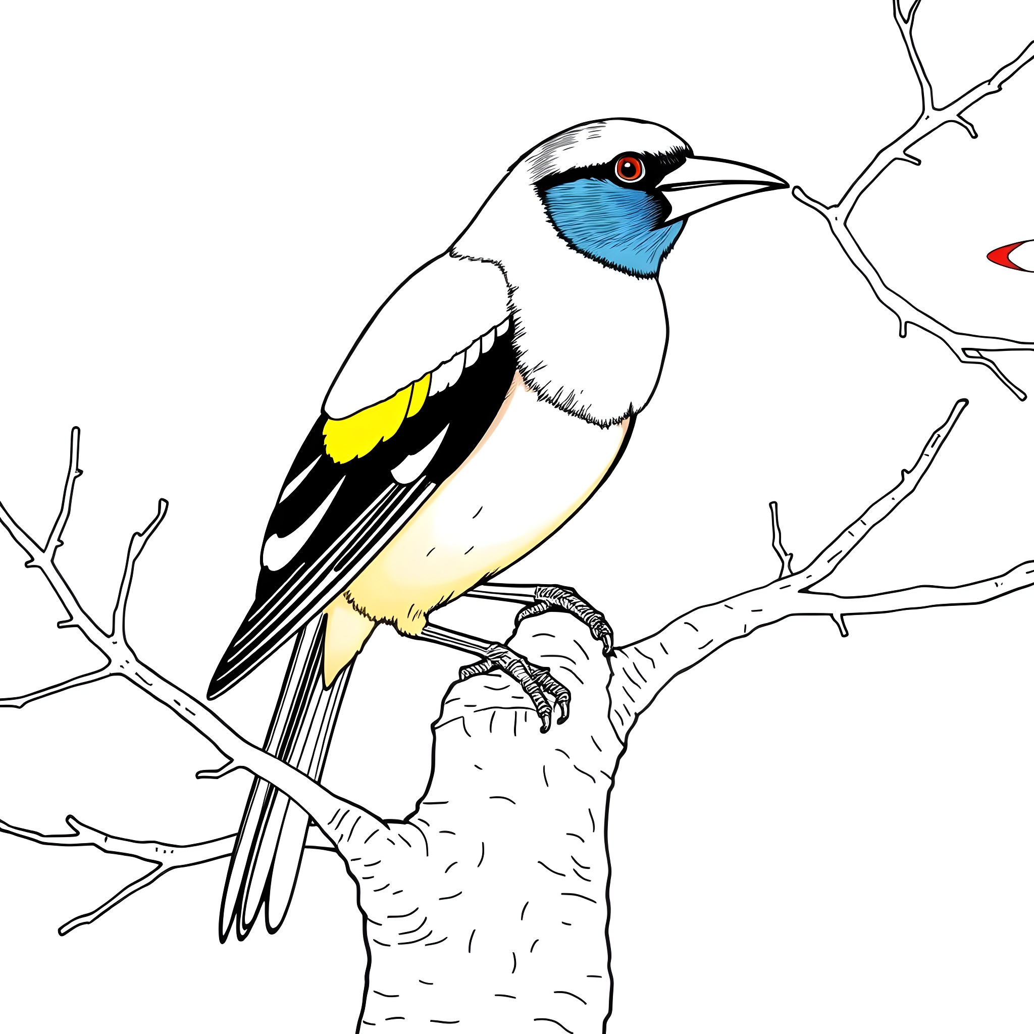 Gouldian Finch perched on branch Coloring Page (free black-and-white line drawing printable PDF for all, from beginners to advanced learners, including children, teens, adults, and seniors)