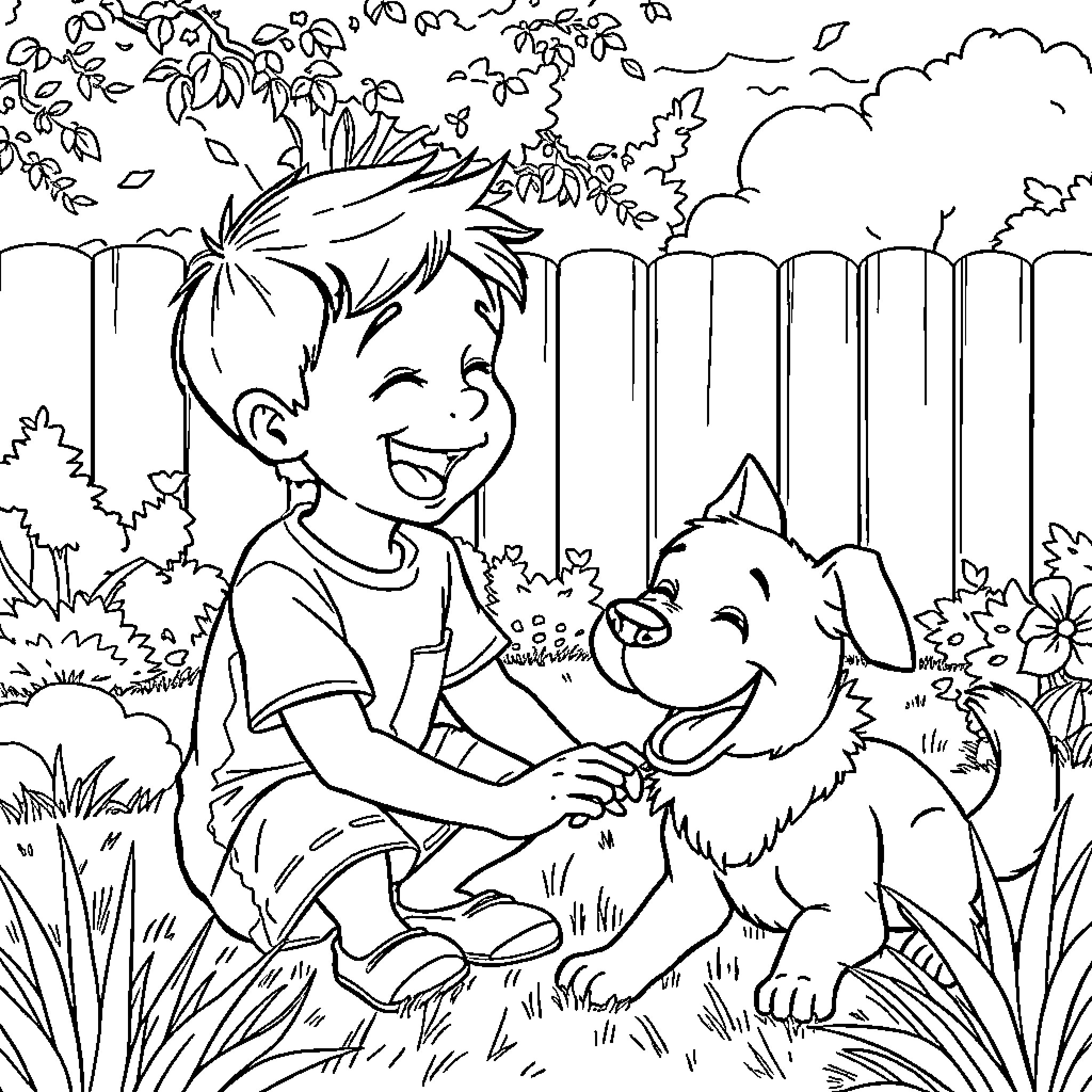 Boy playing happily with his furry friend in the backyard Coloring Page (free black-and-white line drawing printable PDF for all, from beginners to advanced learners, including children, teens, adults, and seniors)