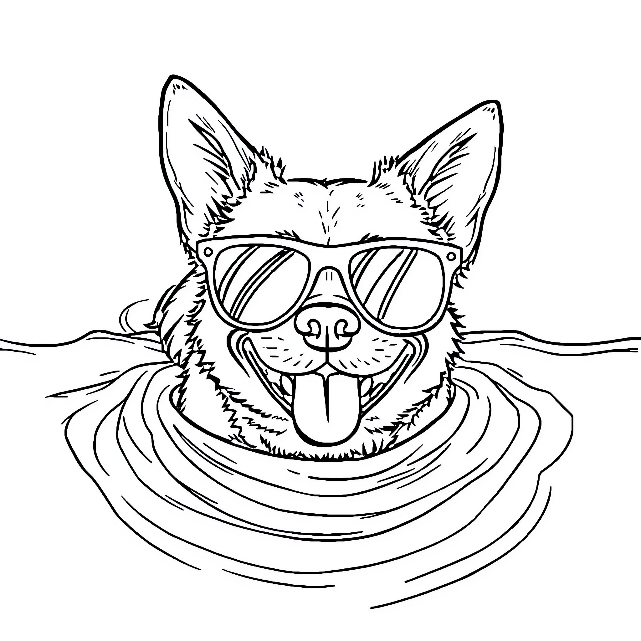 Dog wearing sunglasses and enjoying the water Coloring Page (free black-and-white line drawing printable PDF for all, from beginners to advanced learners, including children, teens, adults, and seniors)