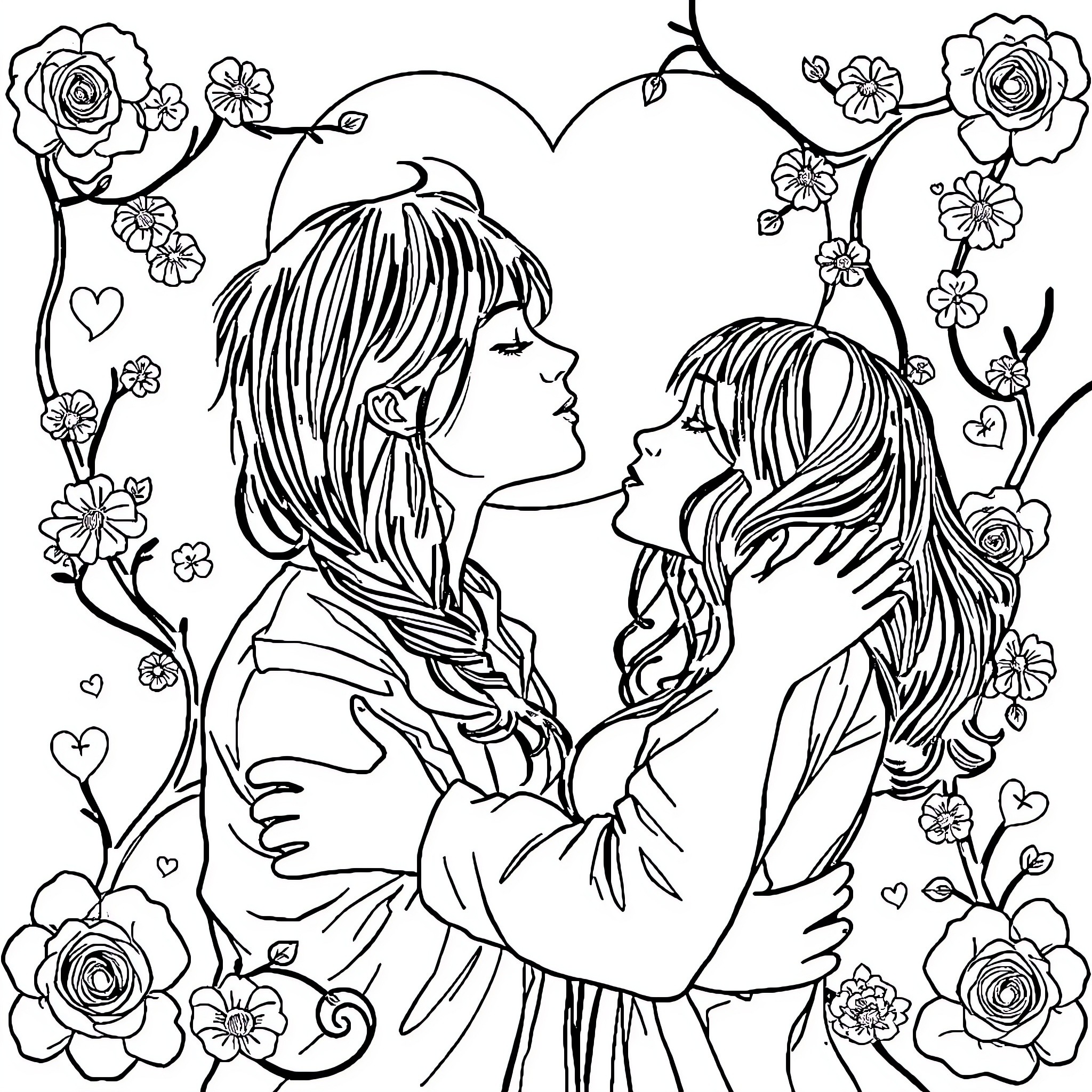 Love blooms in an enchanting floral embrace Coloring Page (free black-and-white line drawing printable PDF for all, from beginners to advanced learners, including children, teens, adults, and seniors)