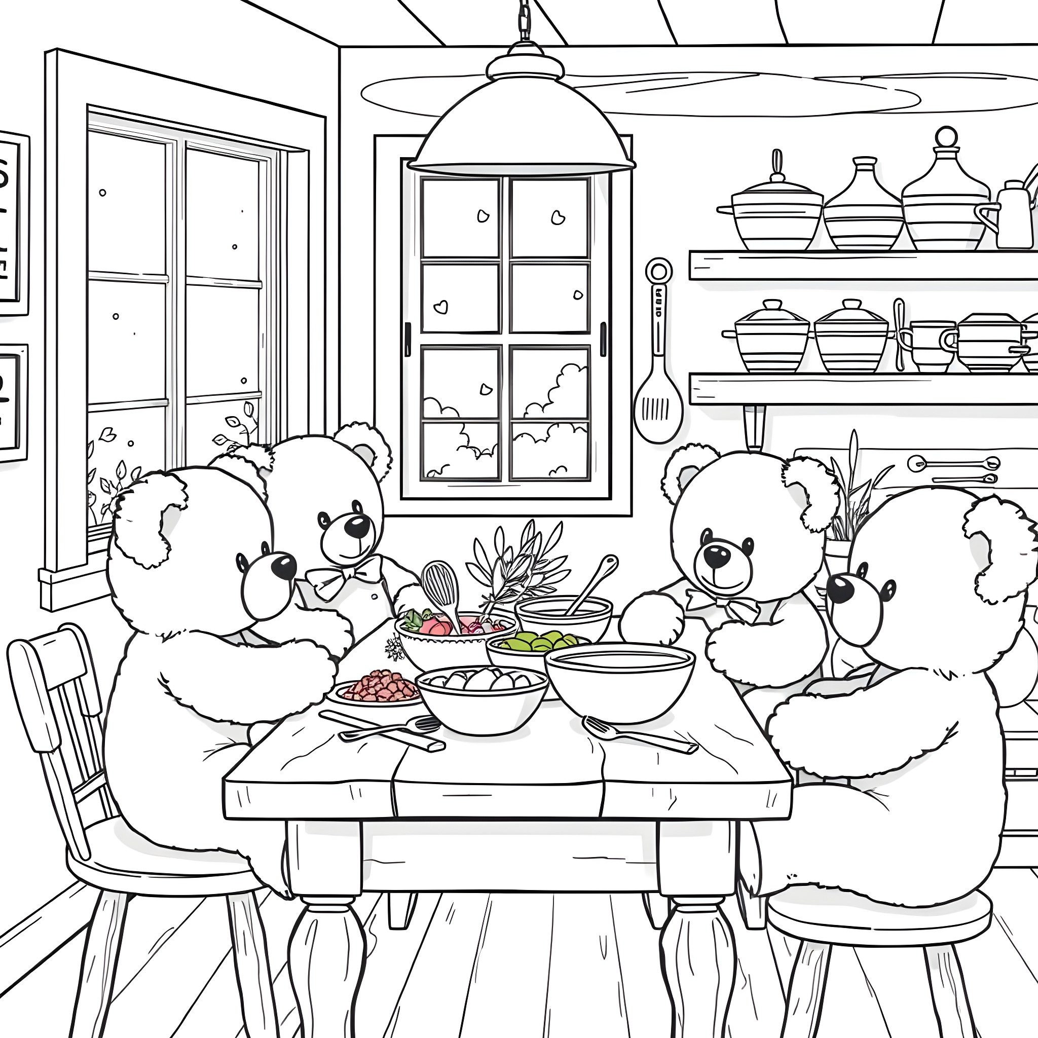 Teddy Bears Enjoying a Cozy Meal Together Coloring Page (free black-and-white line drawing printable PDF for all, from beginners to advanced learners, including children, teens, adults, and seniors)