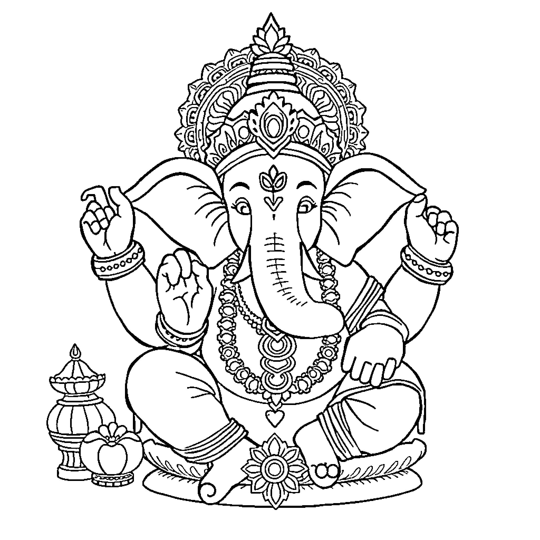 Ganesh in devotional pose with ornate decorations Coloring Page (free black-and-white line drawing printable PDF for all, from beginners to advanced learners, including children, teens, adults, and seniors)