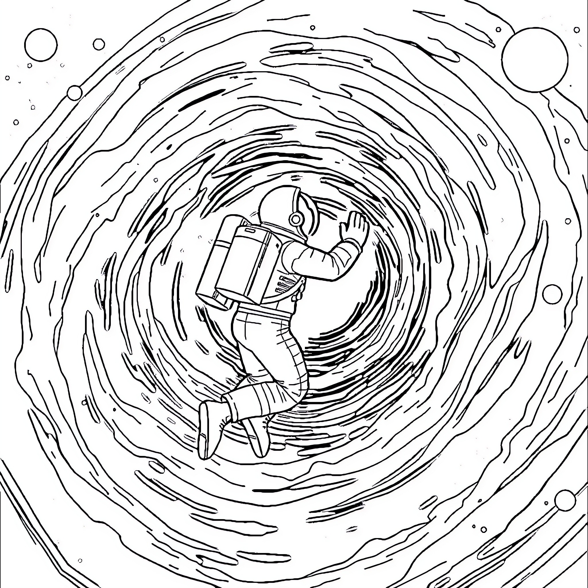 Spaceman floating in cosmic tunnel Coloring Page (free black-and-white line drawing printable PDF for all, from beginners to advanced learners, including children, teens, adults, and seniors)