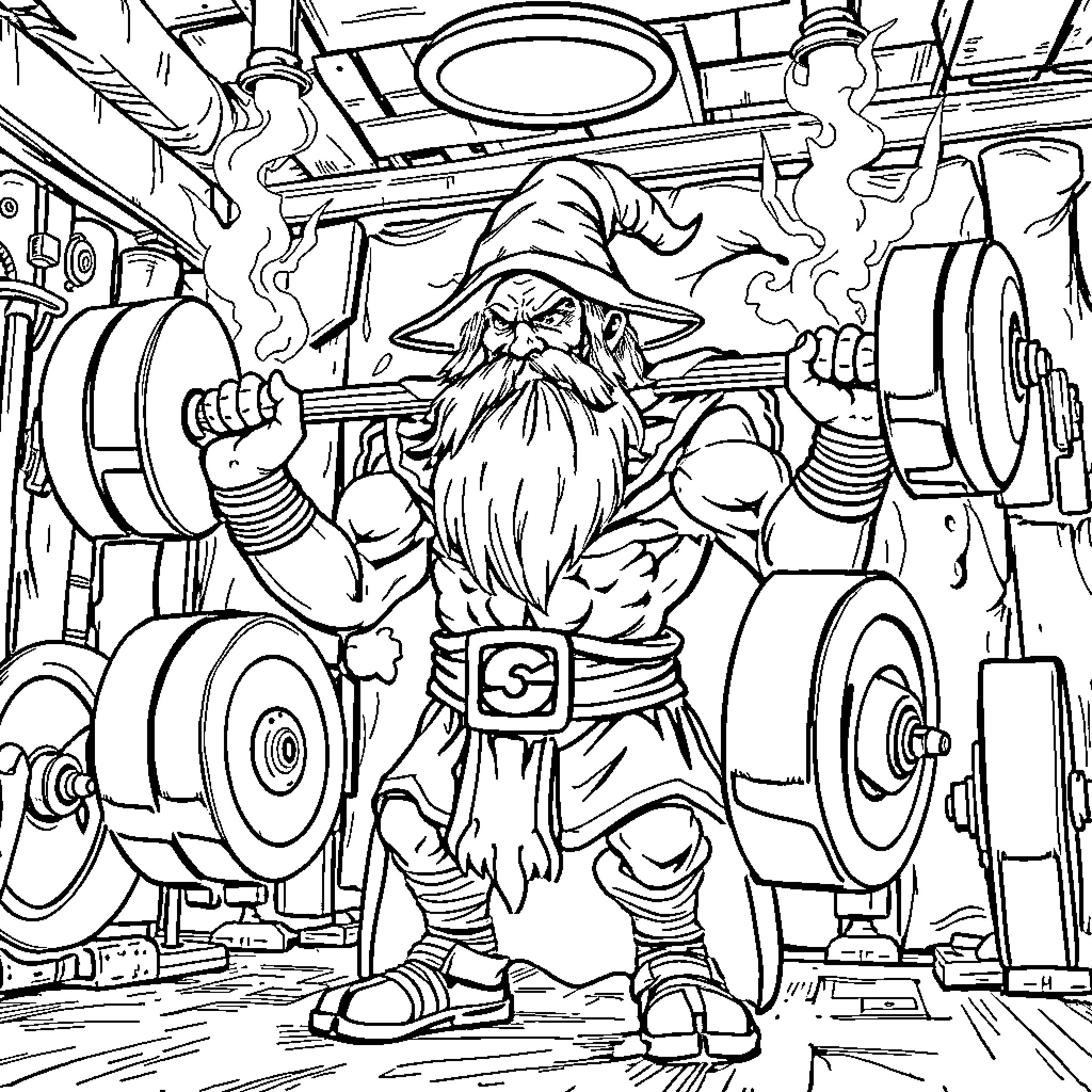 Wizard working diligently in a workshop filled with tools Coloring Page (free black-and-white line drawing printable PDF for all, from beginners to advanced learners, including children, teens, adults, and seniors)