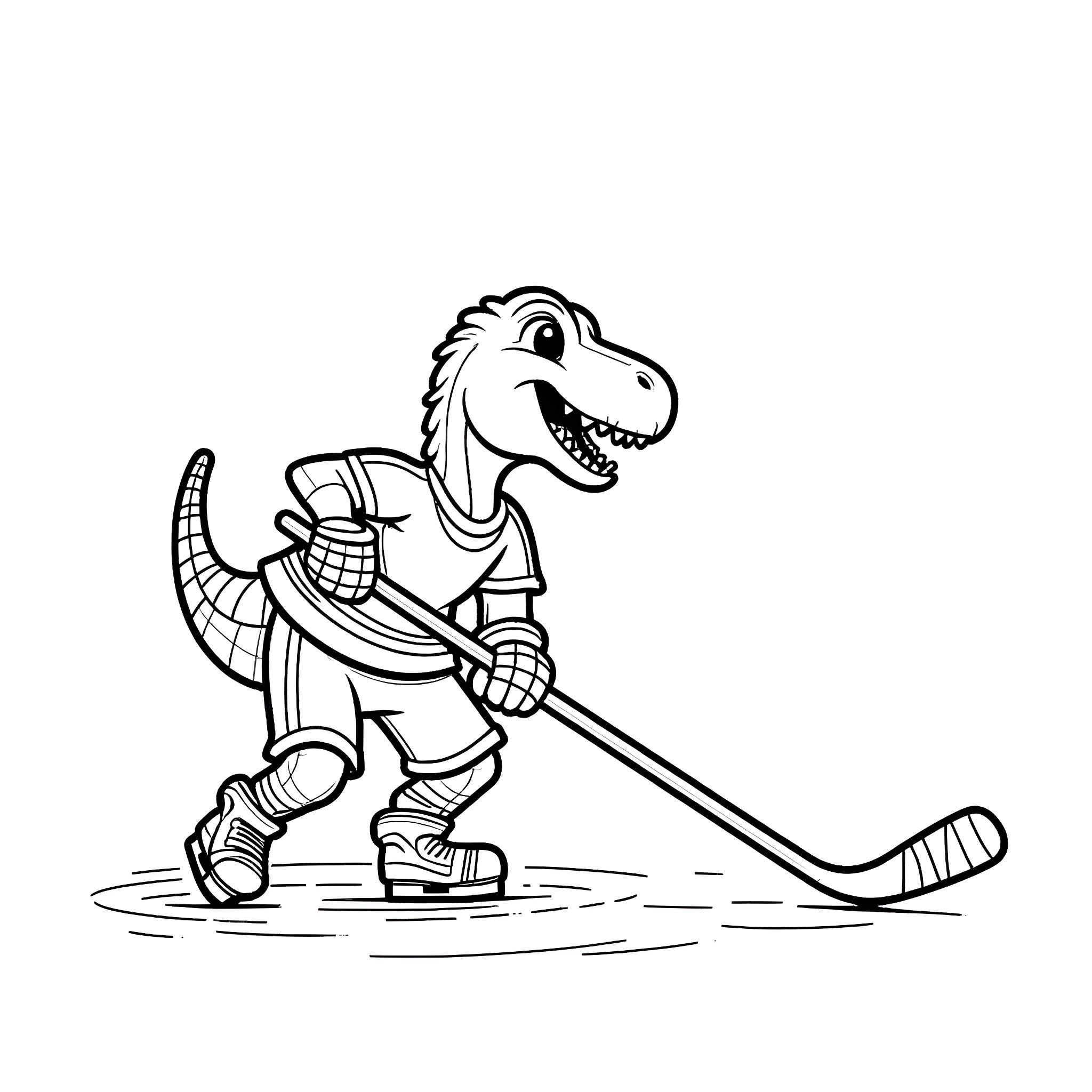 Dinosaur hockey player with stick and gear Coloring Page (free black-and-white line drawing printable PDF for all, from beginners to advanced learners, including children, teens, adults, and seniors)