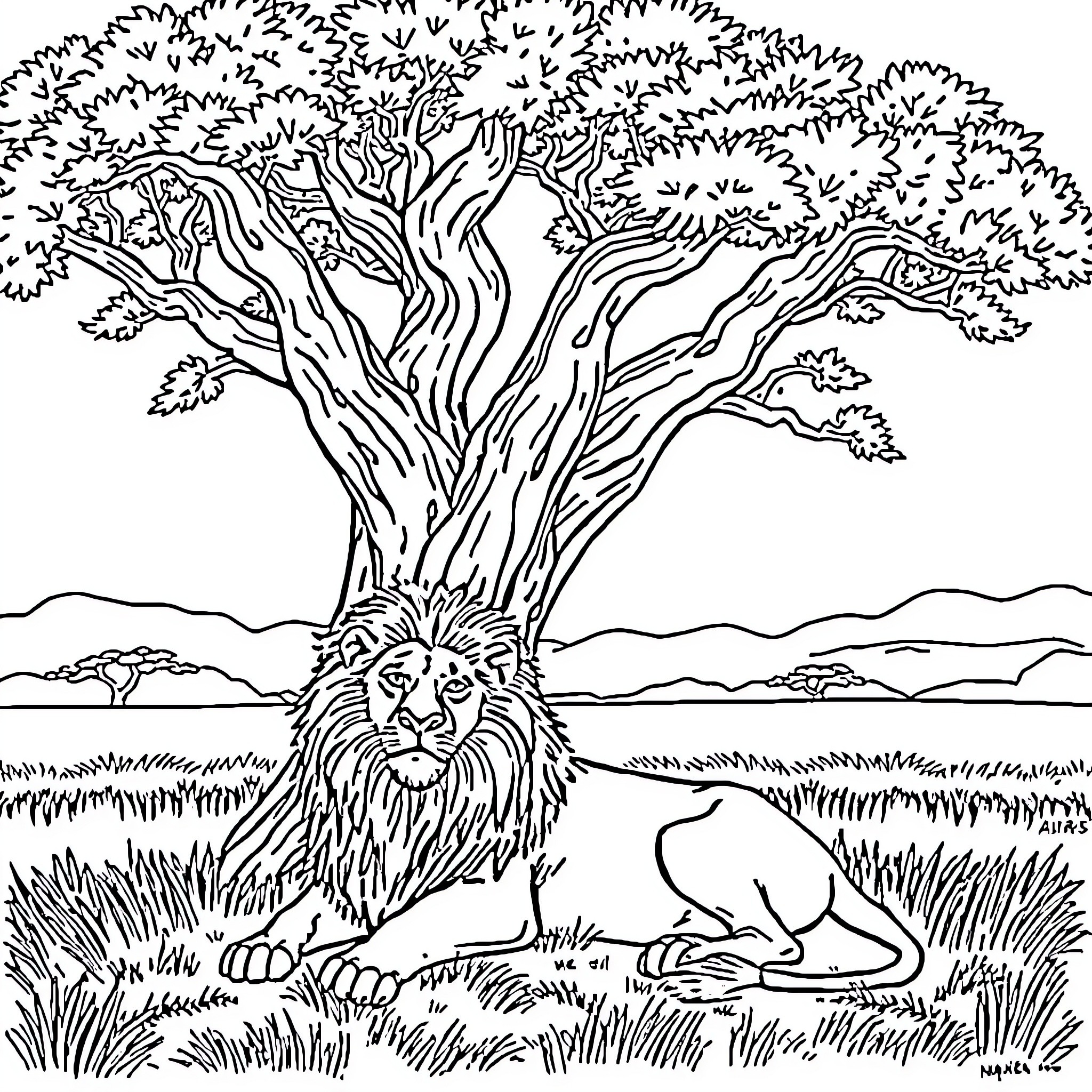 Lion resting under a large tree Coloring Page (free black-and-white line drawing printable PDF for all, from beginners to advanced learners, including children, teens, adults, and seniors)