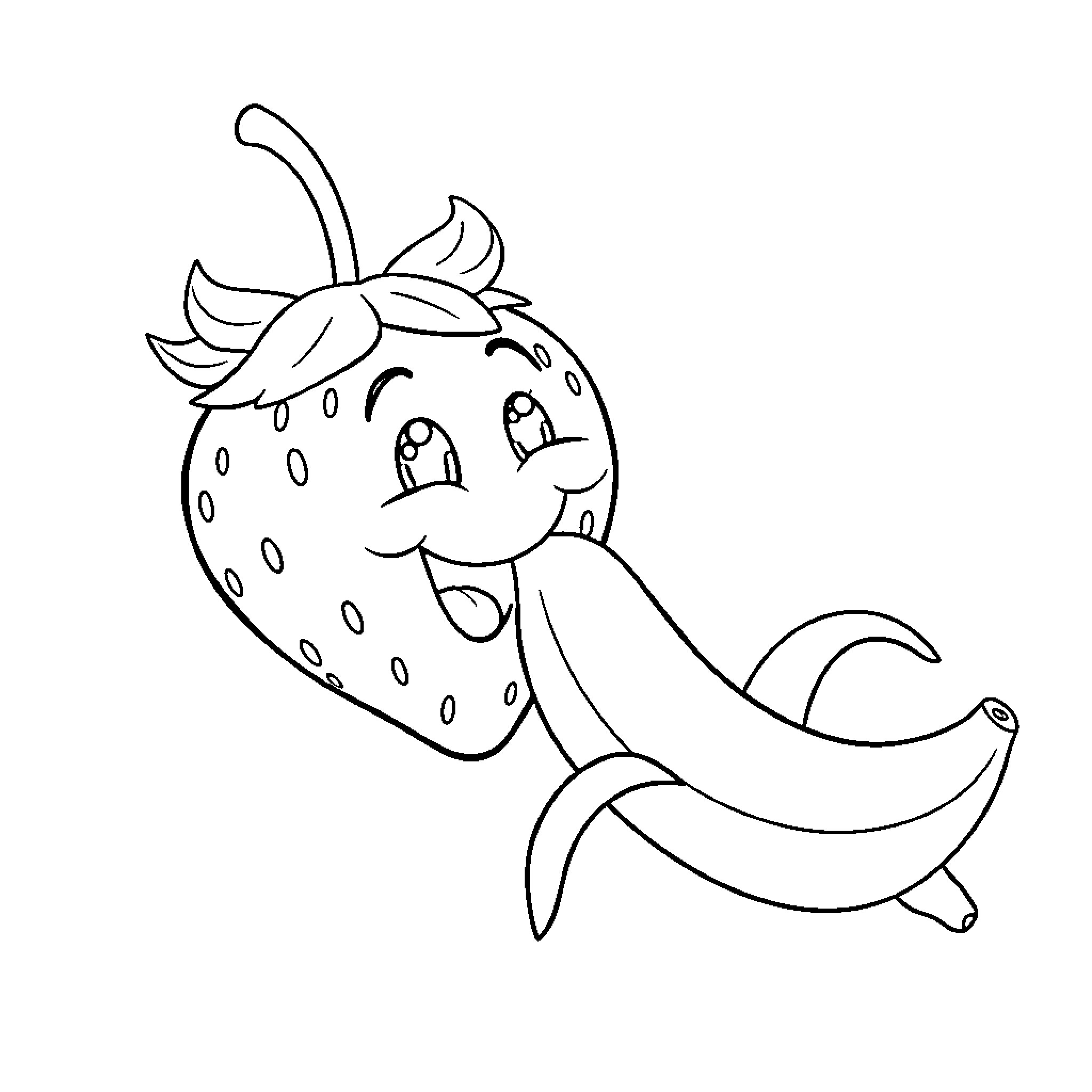 Strawberry character jumping with joy Coloring Page (free black-and-white line drawing printable PDF for all, from beginners to advanced learners, including children, teens, adults, and seniors)