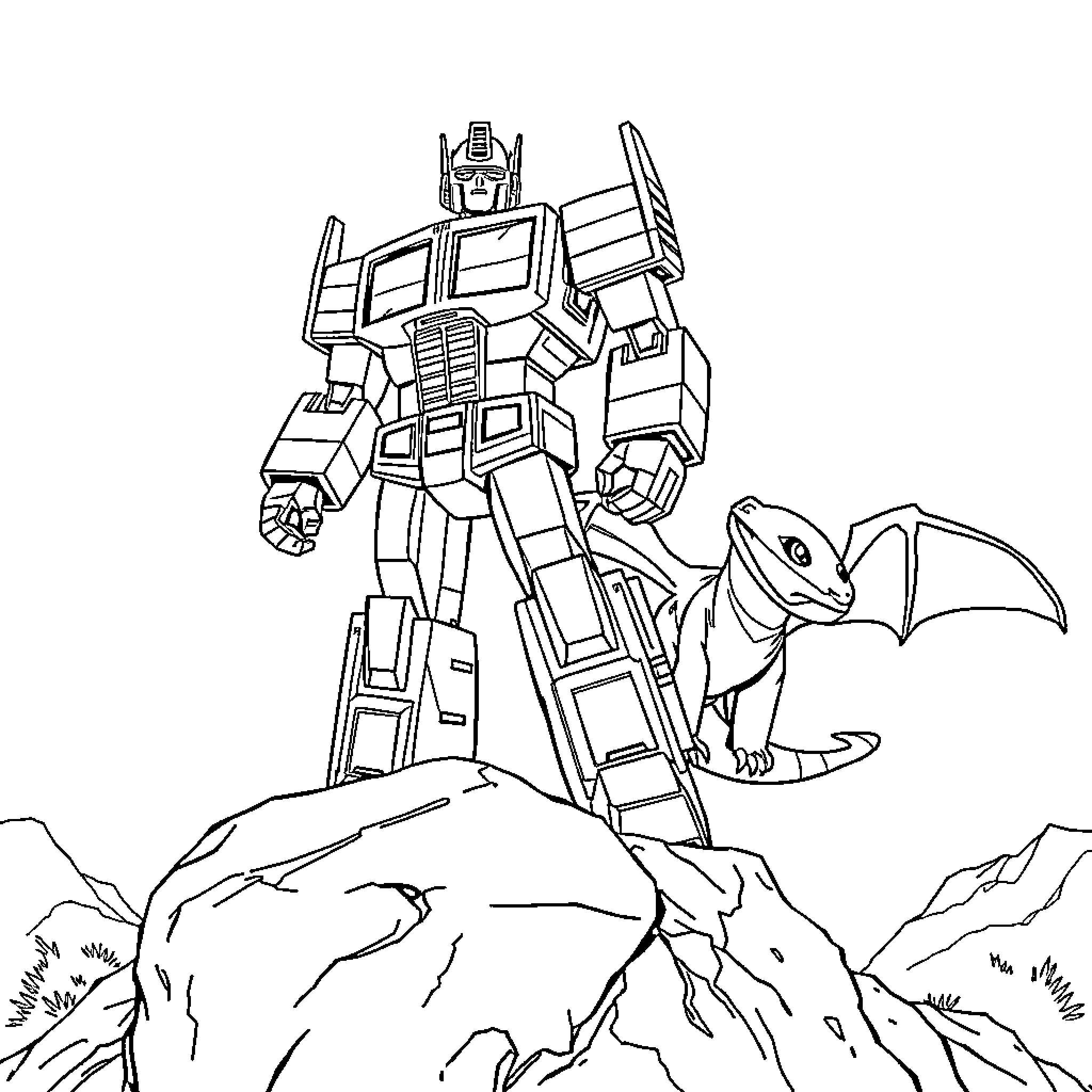 Optimus Prime standing tall amid rocky terrain Coloring Page (free black-and-white line drawing printable PDF for all, from beginners to advanced learners, including children, teens, adults, and seniors)