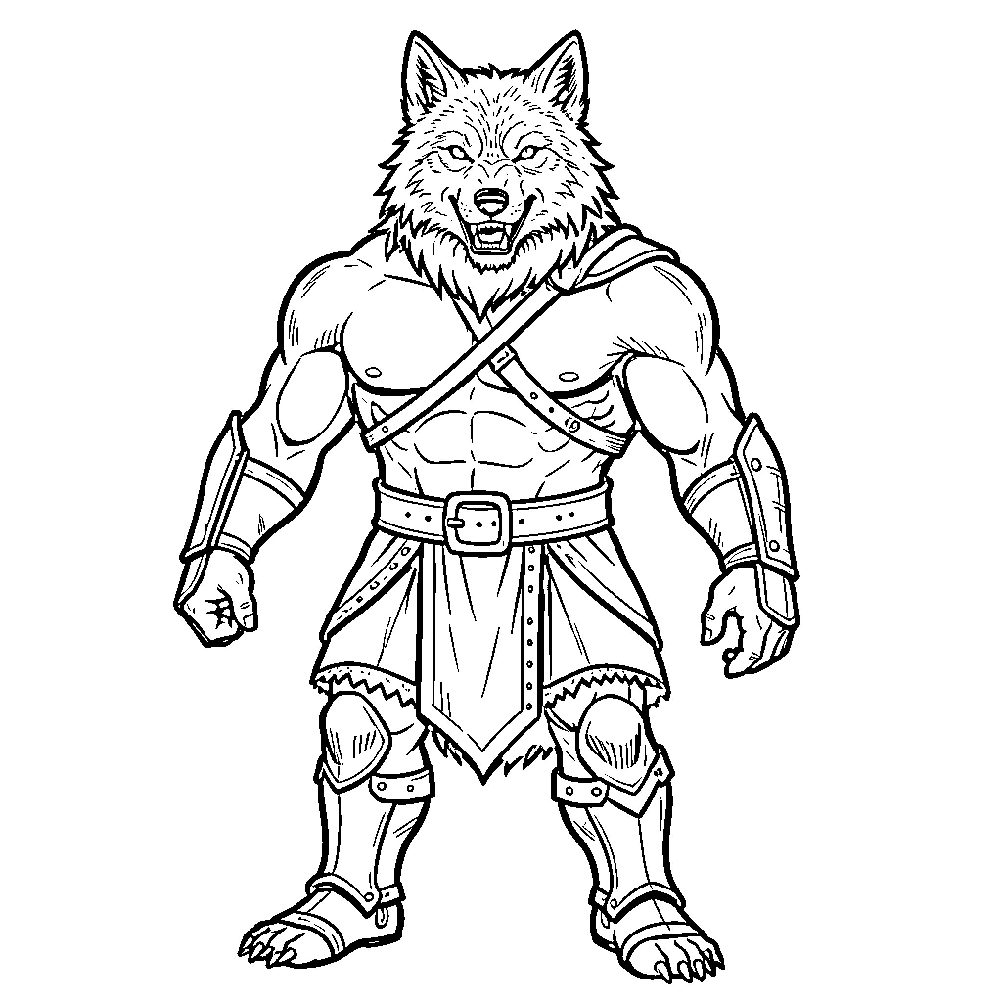 Werewolf warrior in battle attire Coloring Page (free black-and-white line drawing printable PDF for all, from beginners to advanced learners, including children, teens, adults, and seniors)