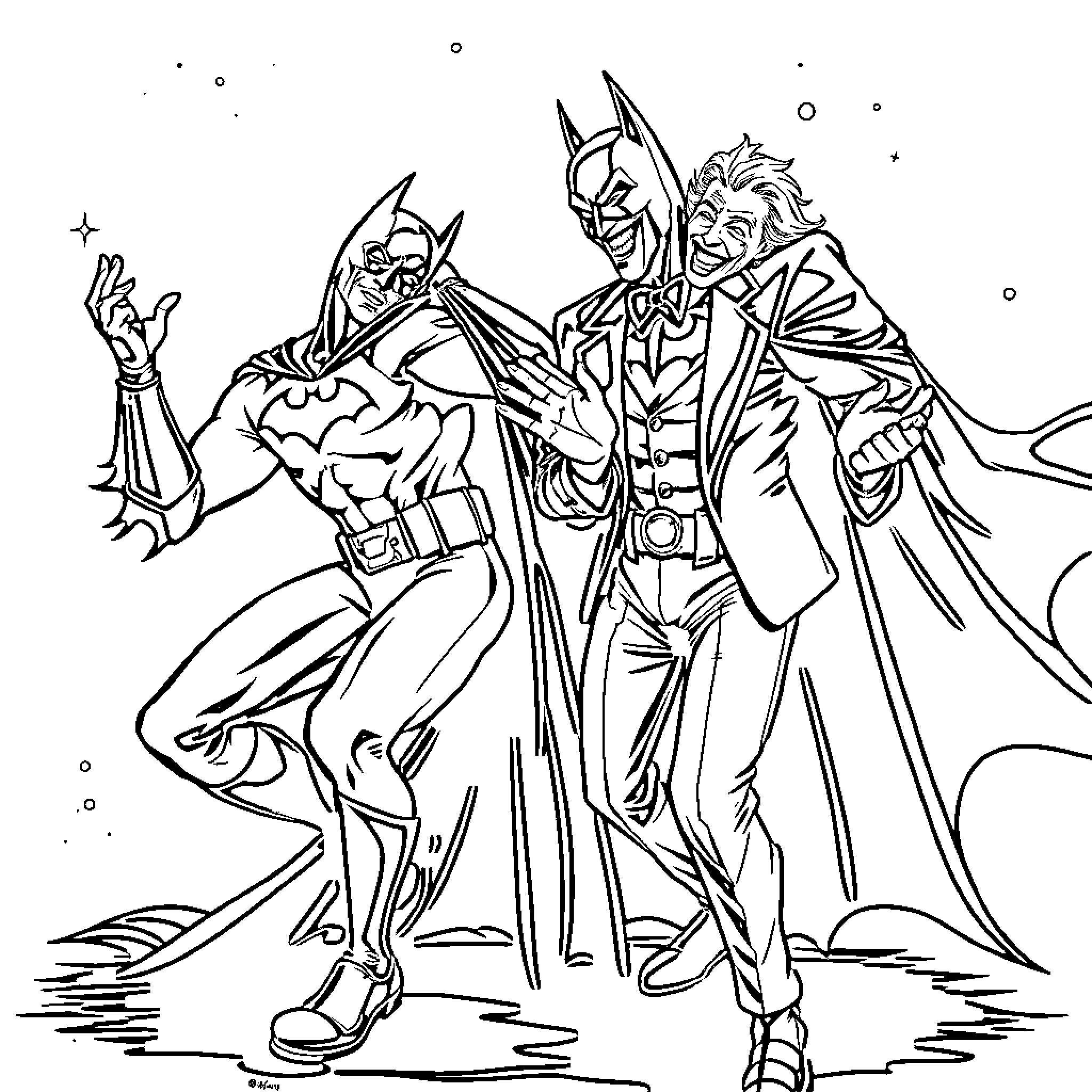Batman and The Joker in an epic confrontation Coloring Page (free black-and-white line drawing printable PDF for all, from beginners to advanced learners, including children, teens, adults, and seniors)