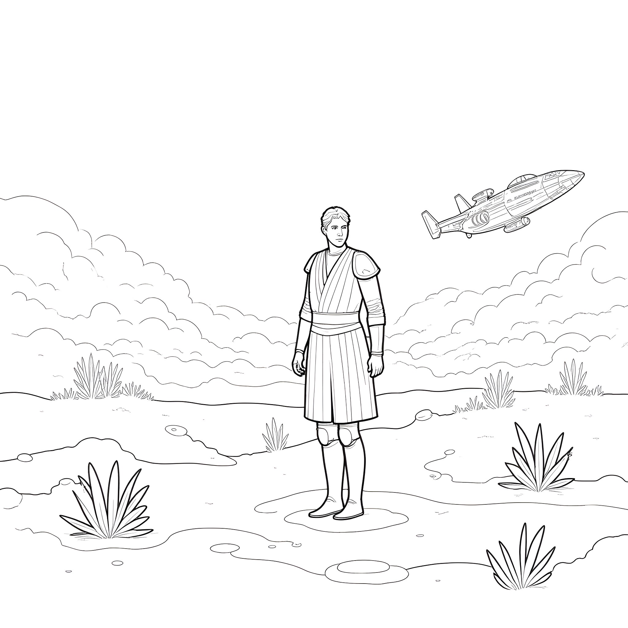 Jedi warrior standing in serene landscape Coloring Page (free black-and-white line drawing printable PDF for all, from beginners to advanced learners, including children, teens, adults, and seniors)