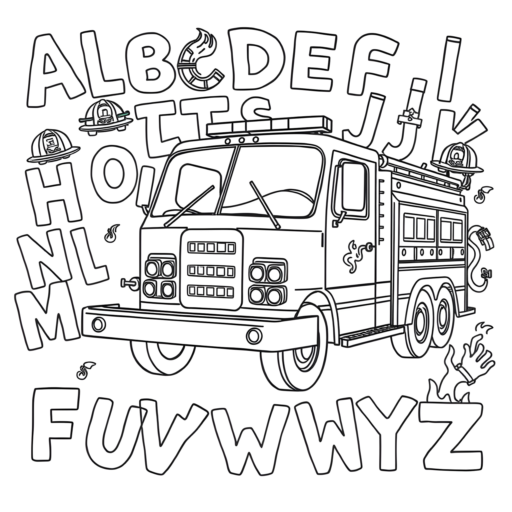Firetruck responding to an emergency call Coloring Page (free black-and-white line drawing printable PDF for all, from beginners to advanced learners, including children, teens, adults, and seniors)