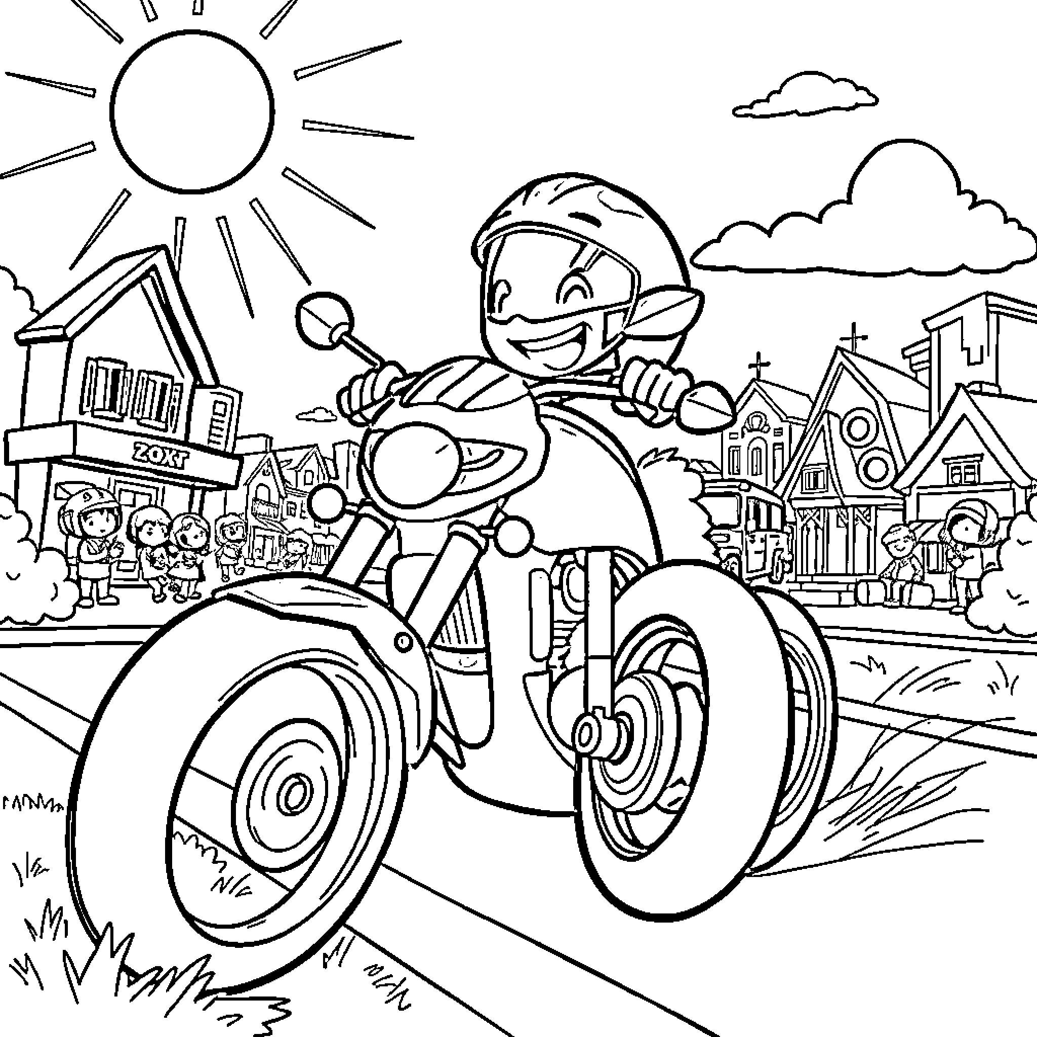 Ricky Zoom riding his motorcycle through the town Coloring Page (free black-and-white line drawing printable PDF for all, from beginners to advanced learners, including children, teens, adults, and seniors)