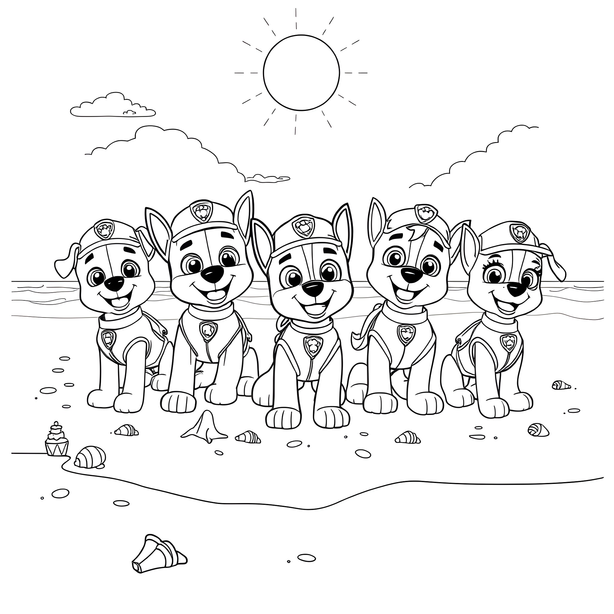 Paw Patrol puppies on the beach Coloring Page (free black-and-white line drawing printable PDF for all, from beginners to advanced learners, including children, teens, adults, and seniors)