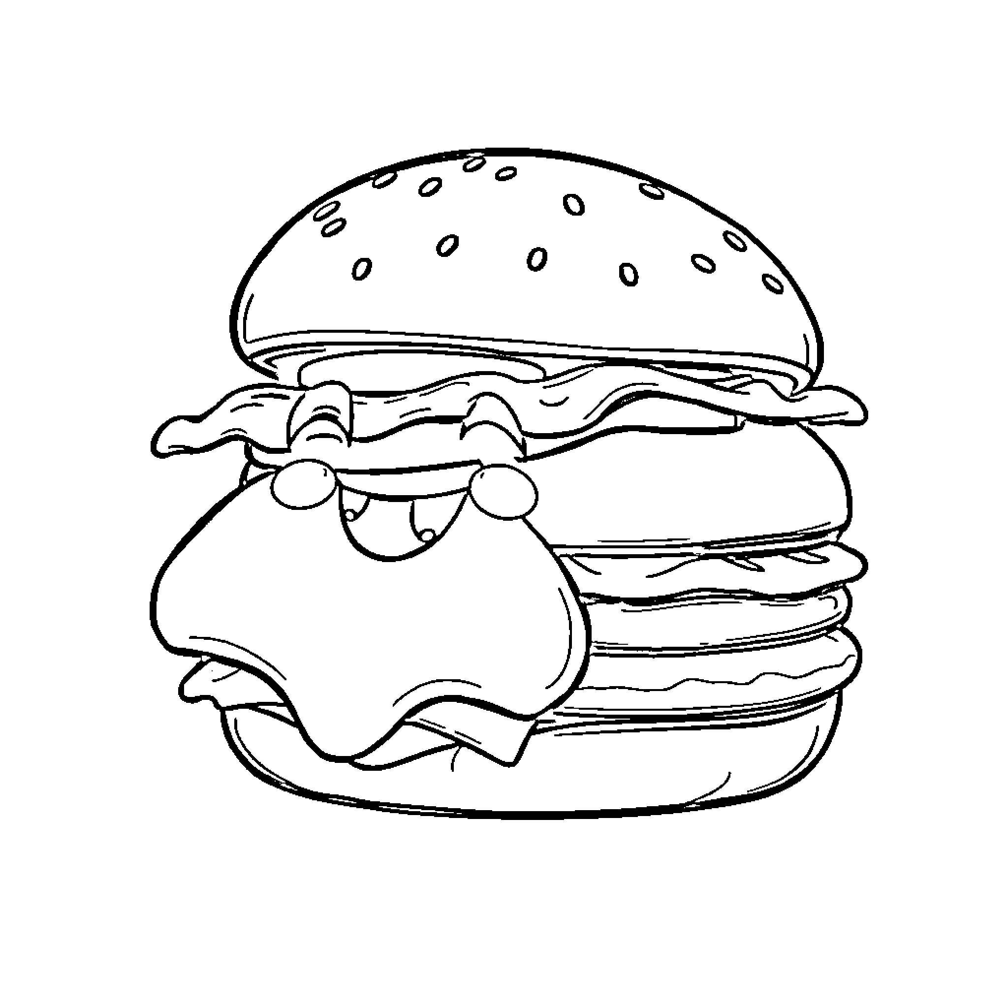 Hamburger with playful character Coloring Page (free black-and-white line drawing printable PDF for all, from beginners to advanced learners, including children, teens, adults, and seniors)