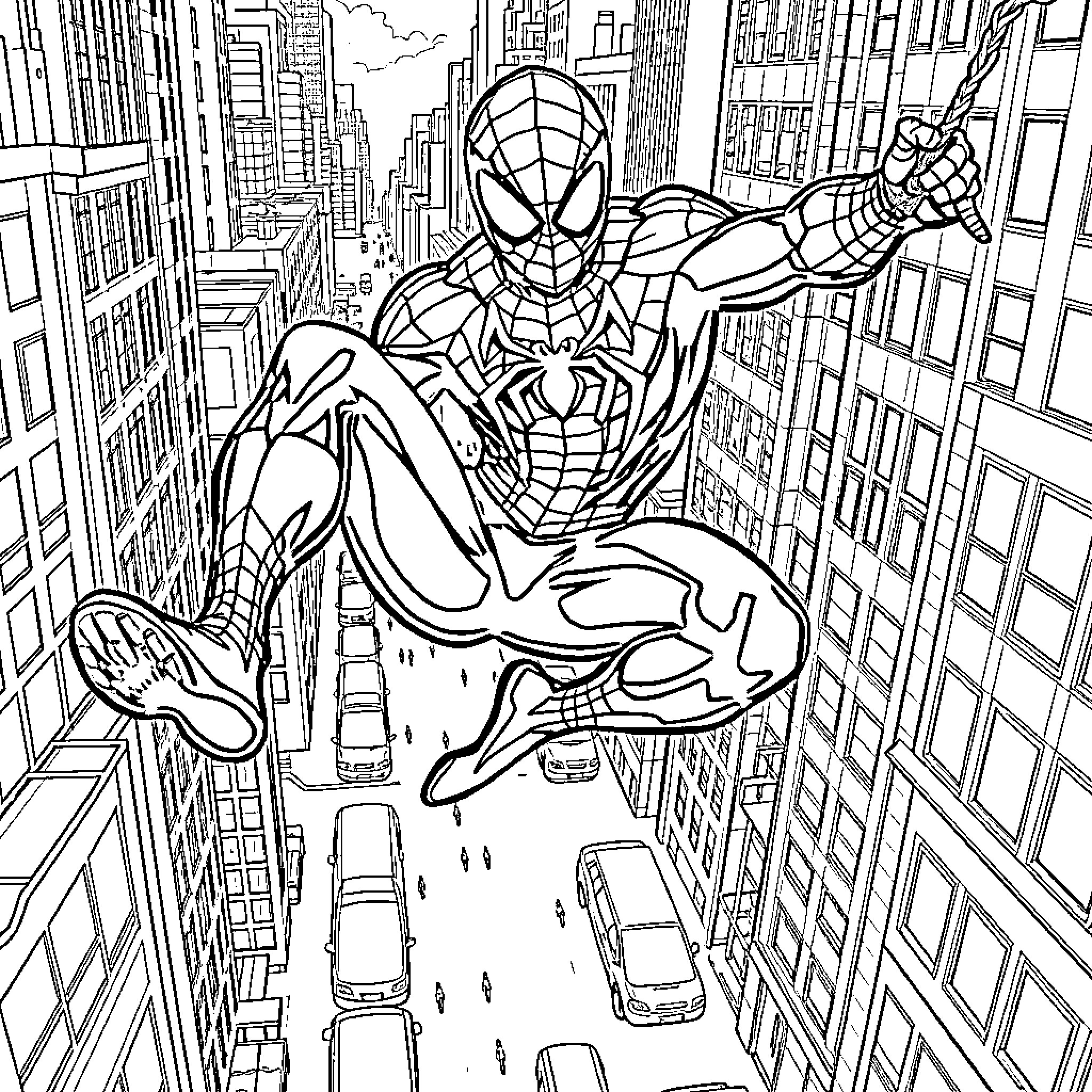 Spiderman swinging through the city skyline Coloring Page (free black-and-white line drawing printable PDF for all, from beginners to advanced learners, including children, teens, adults, and seniors)
