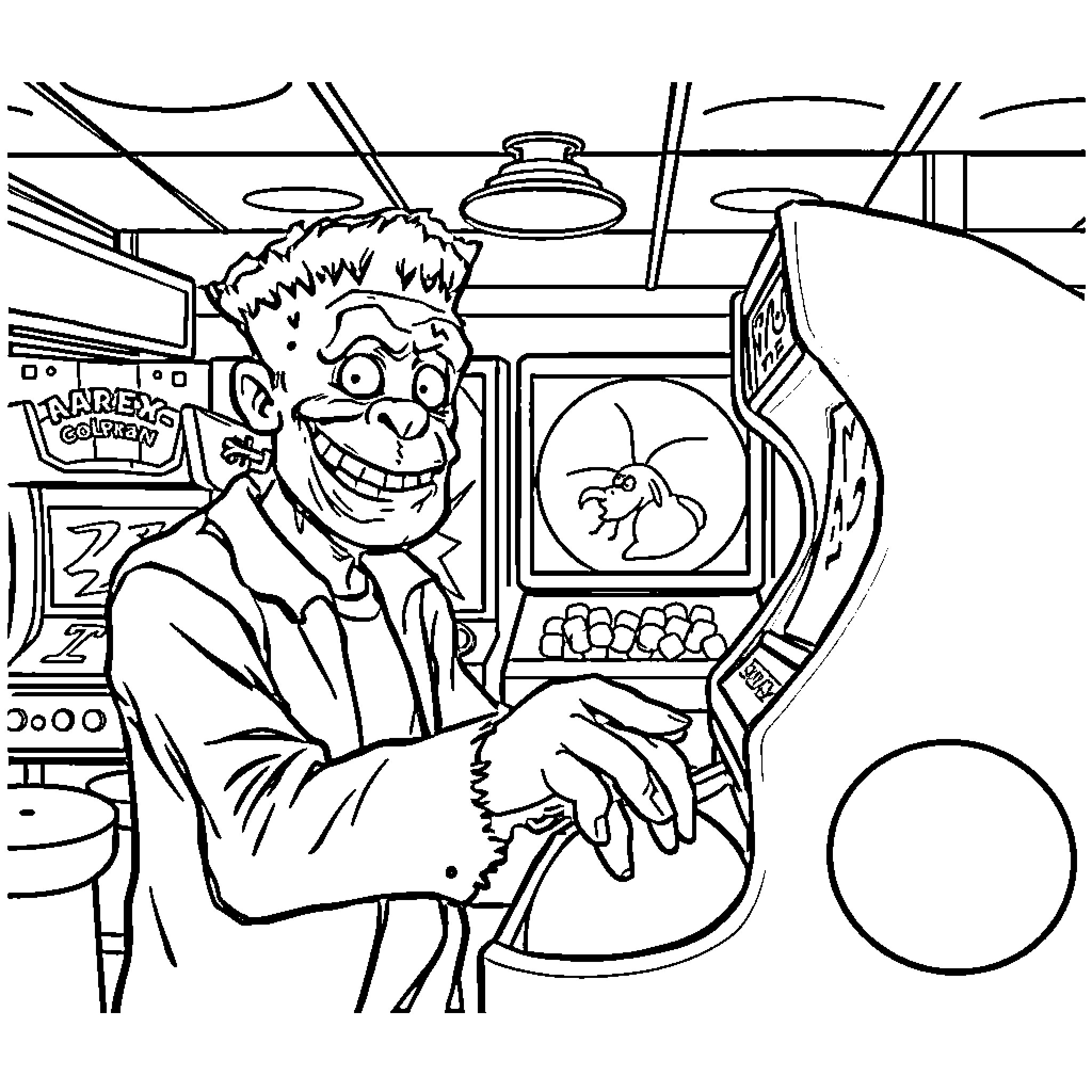 Frankenstein's Macabre Arcade Adventure Coloring Page (free black-and-white line drawing printable PDF for all, from beginners to advanced learners, including children, teens, adults, and seniors)