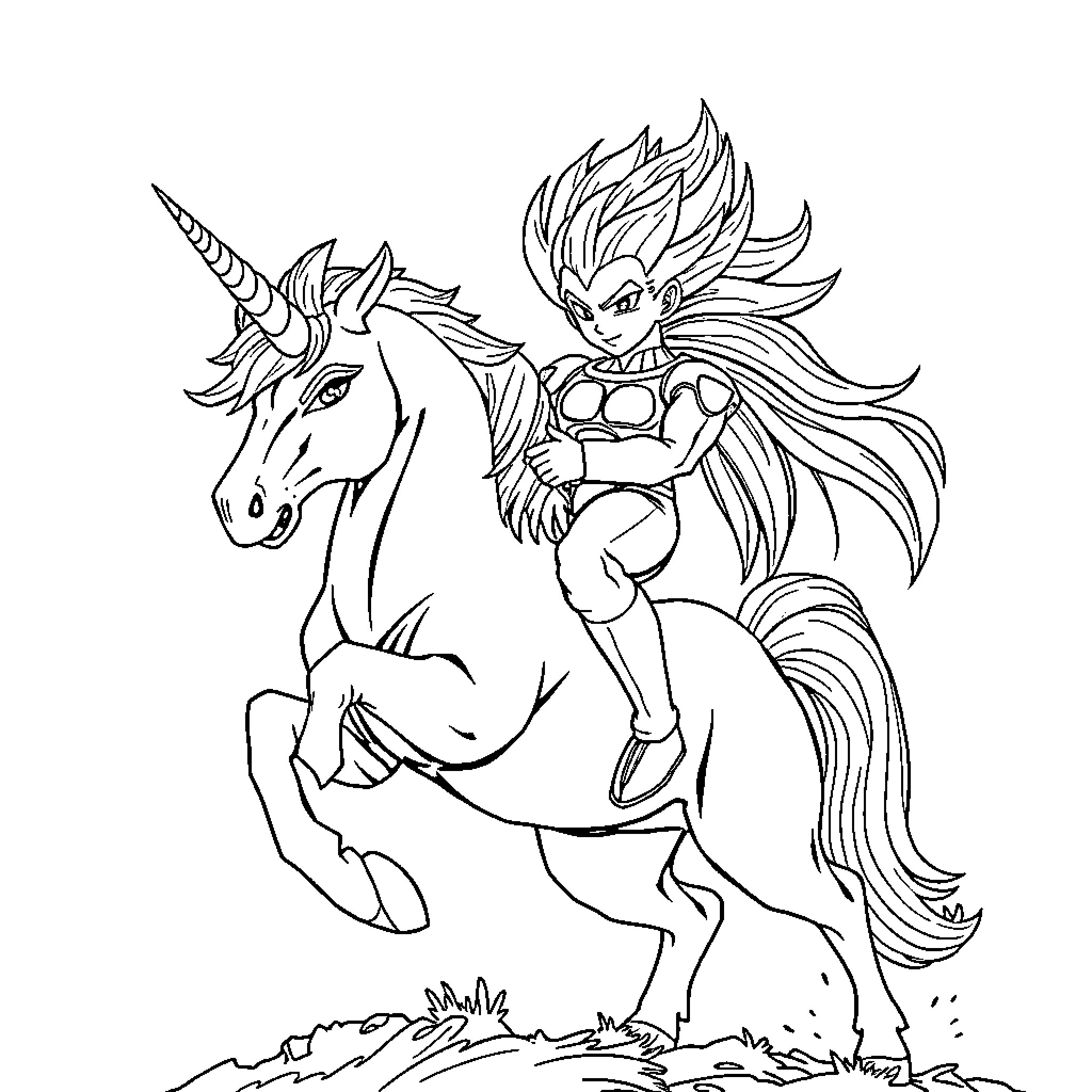 Vegeta riding a majestic unicorn in action Coloring Page (free black-and-white line drawing printable PDF for all, from beginners to advanced learners, including children, teens, adults, and seniors)
