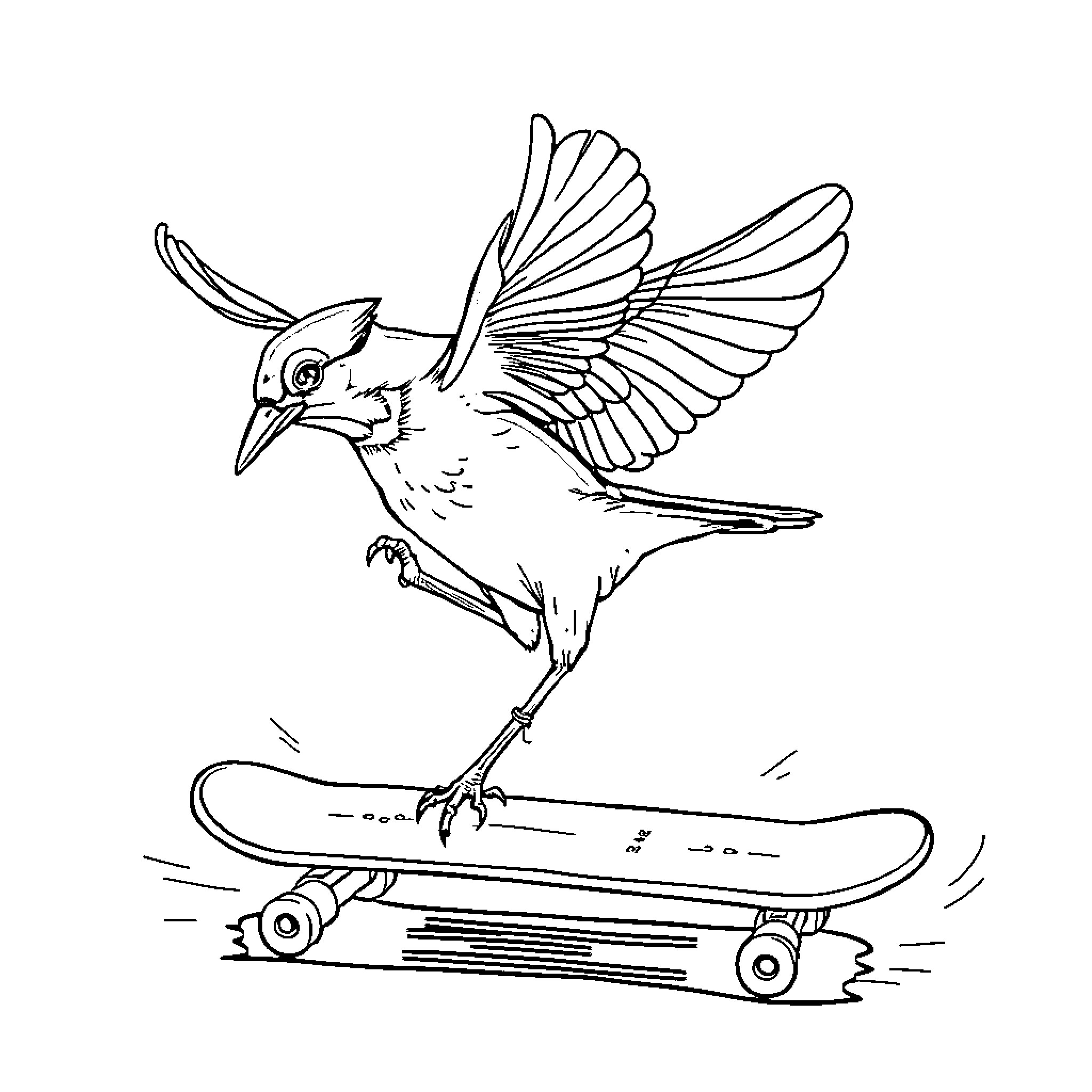 Blue Jay skateboarding excitedly Coloring Page (free black-and-white line drawing printable PDF for all, from beginners to advanced learners, including children, teens, adults, and seniors)