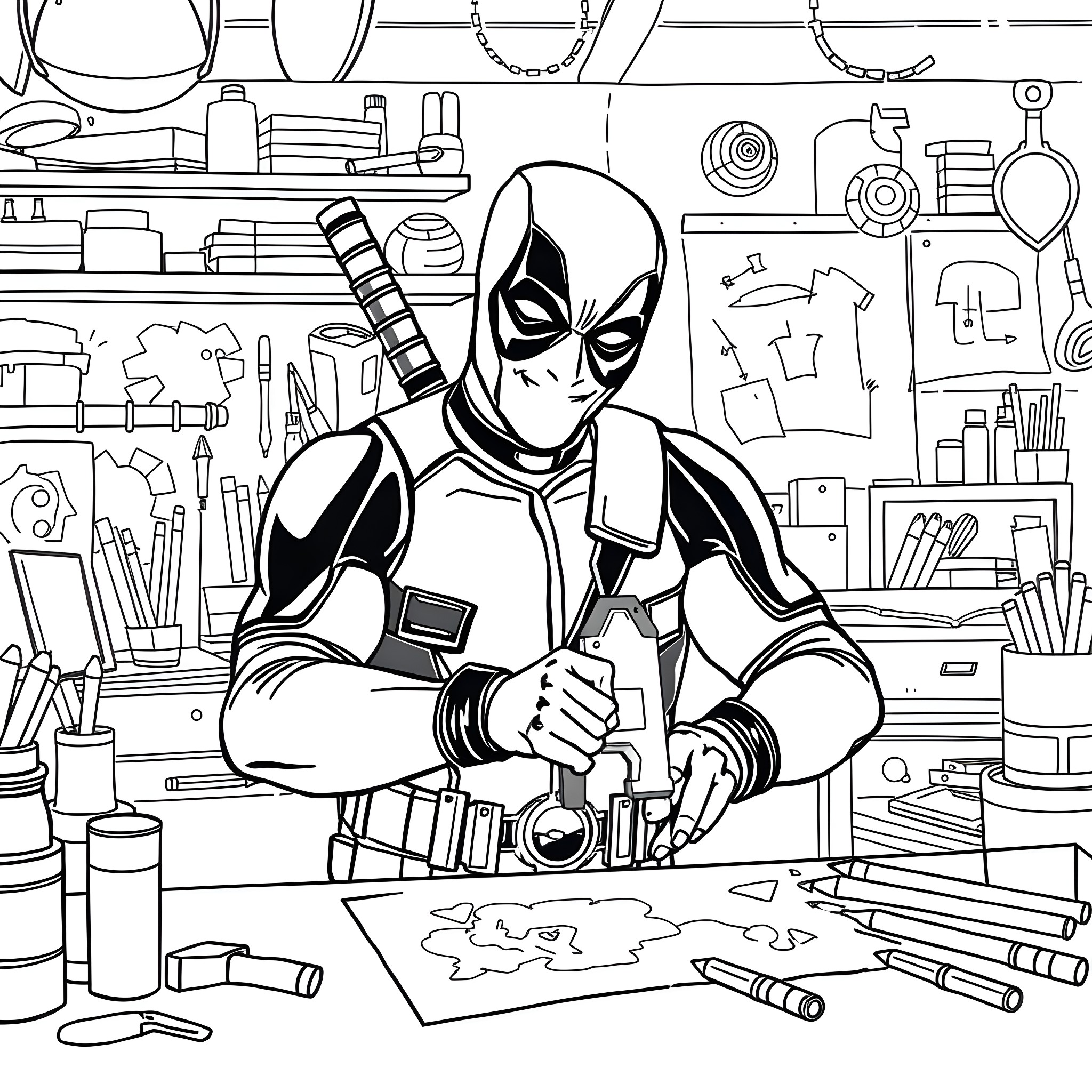 Deadpool working on sketches and artwork in his studio Coloring Page (free black-and-white line drawing printable PDF for all, from beginners to advanced learners, including children, teens, adults, and seniors)
