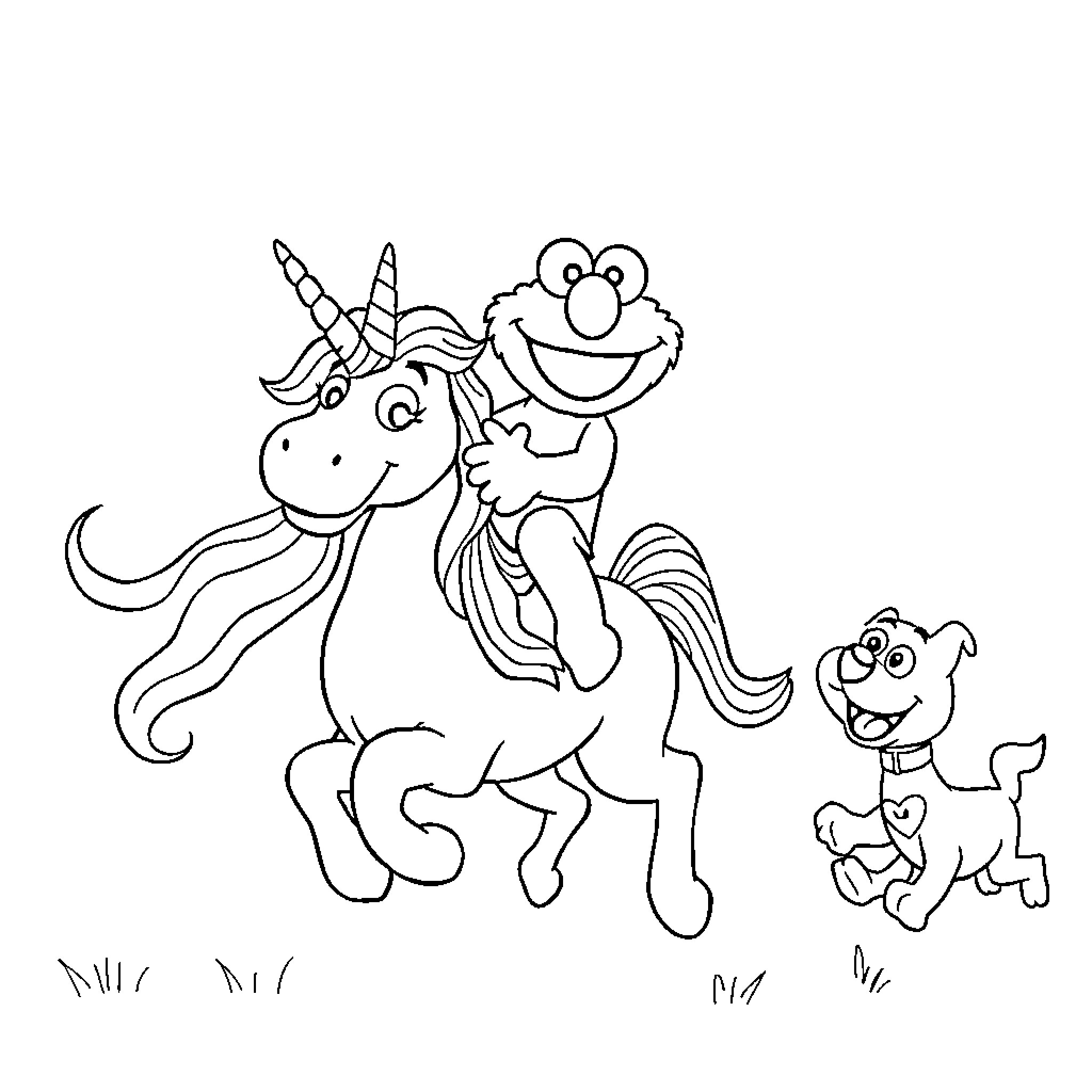 Elmo riding a unicorn with his puppy friend Coloring Page (free black-and-white line drawing printable PDF for all, from beginners to advanced learners, including children, teens, adults, and seniors)