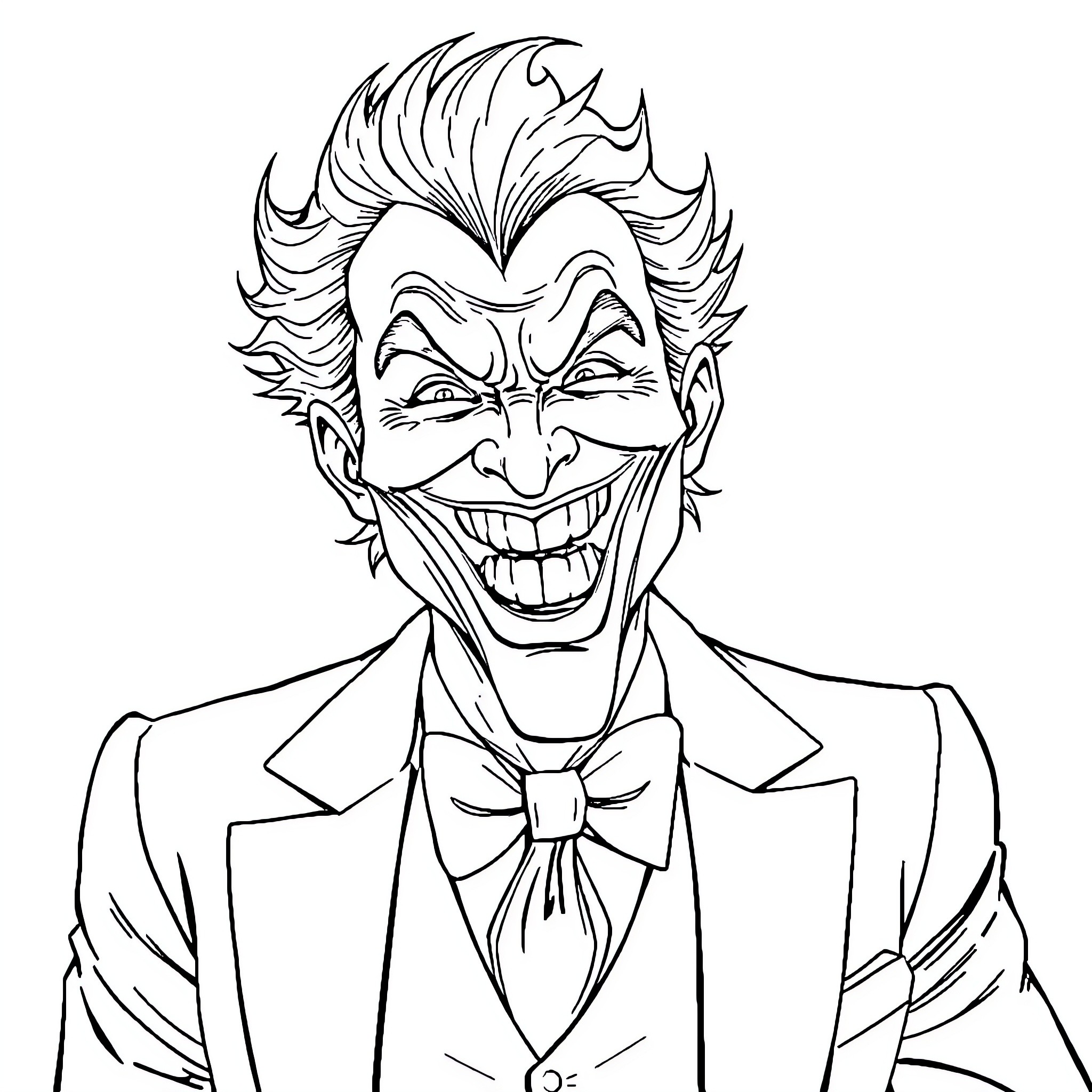 Joker's Mischievous Grin and Dapper Attire Coloring Page (free black-and-white line drawing printable PDF for all, from beginners to advanced learners, including children, teens, adults, and seniors)