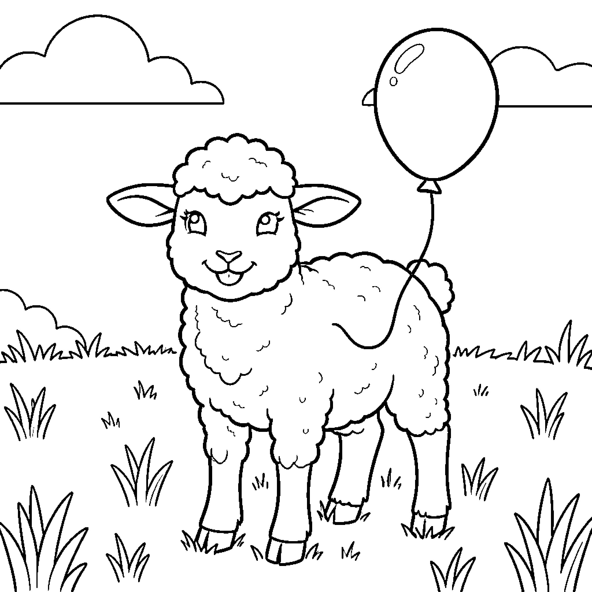 Lamb standing in a field holding a balloon Coloring Page (free black-and-white line drawing printable PDF for all, from beginners to advanced learners, including children, teens, adults, and seniors)