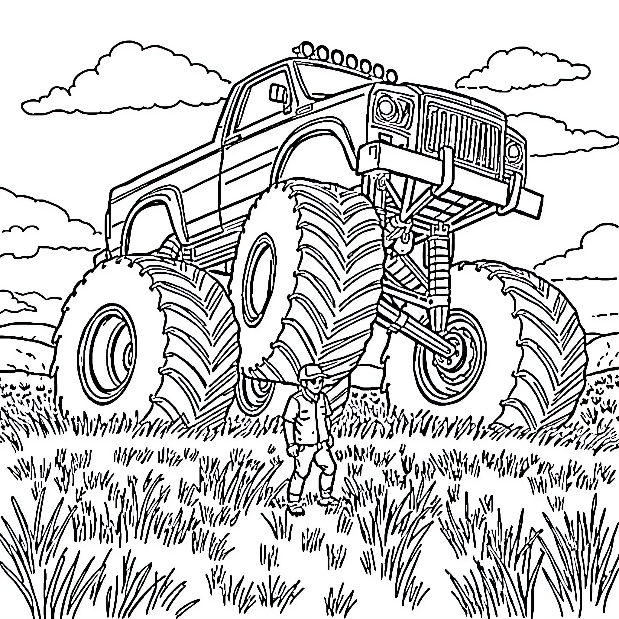 Monster Truck Crushing Through the Countryside Coloring Page (free black-and-white line drawing printable PDF for all, from beginners to advanced learners, including children, teens, adults, and seniors)