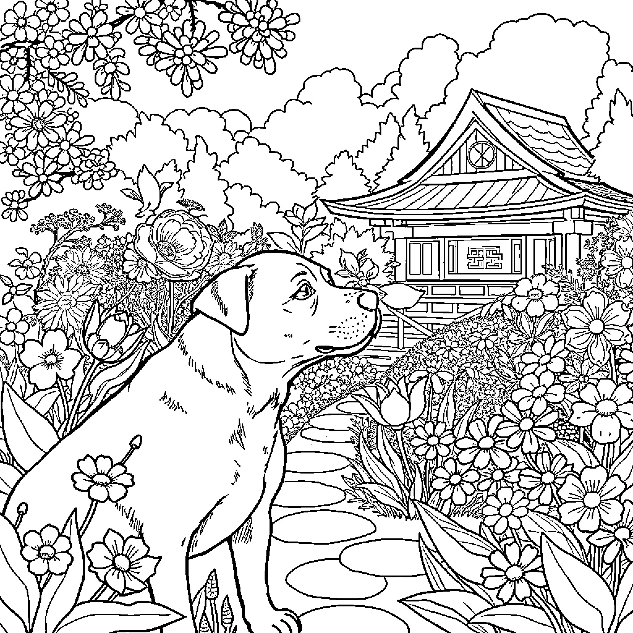 Dog exploring a Japanese garden with flowers Coloring Page (free black-and-white line drawing printable PDF for all, from beginners to advanced learners, including children, teens, adults, and seniors)