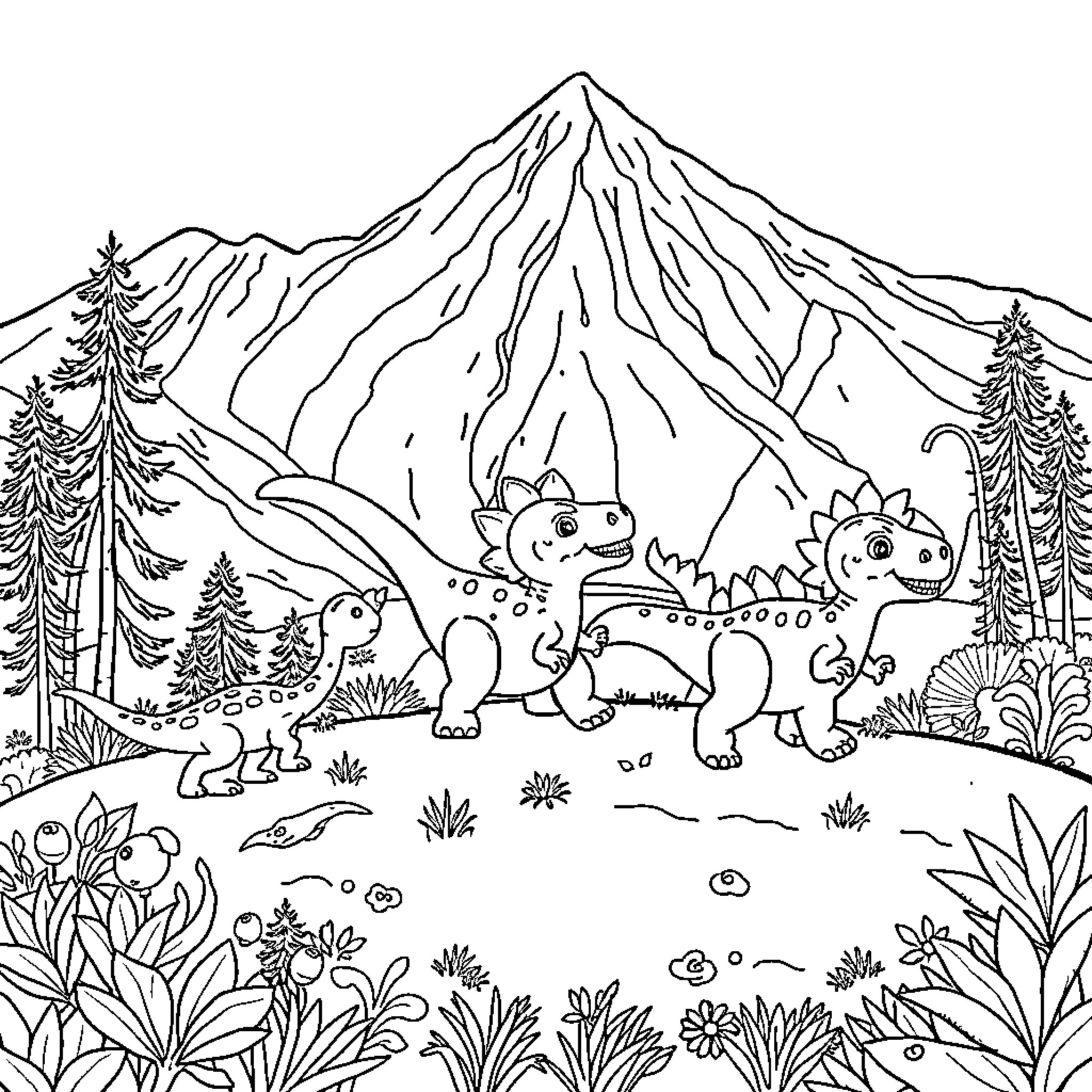 Dinosaur family exploring the lush mountain landscape Coloring Page (free black-and-white line drawing printable PDF for all, from beginners to advanced learners, including children, teens, adults, and seniors)