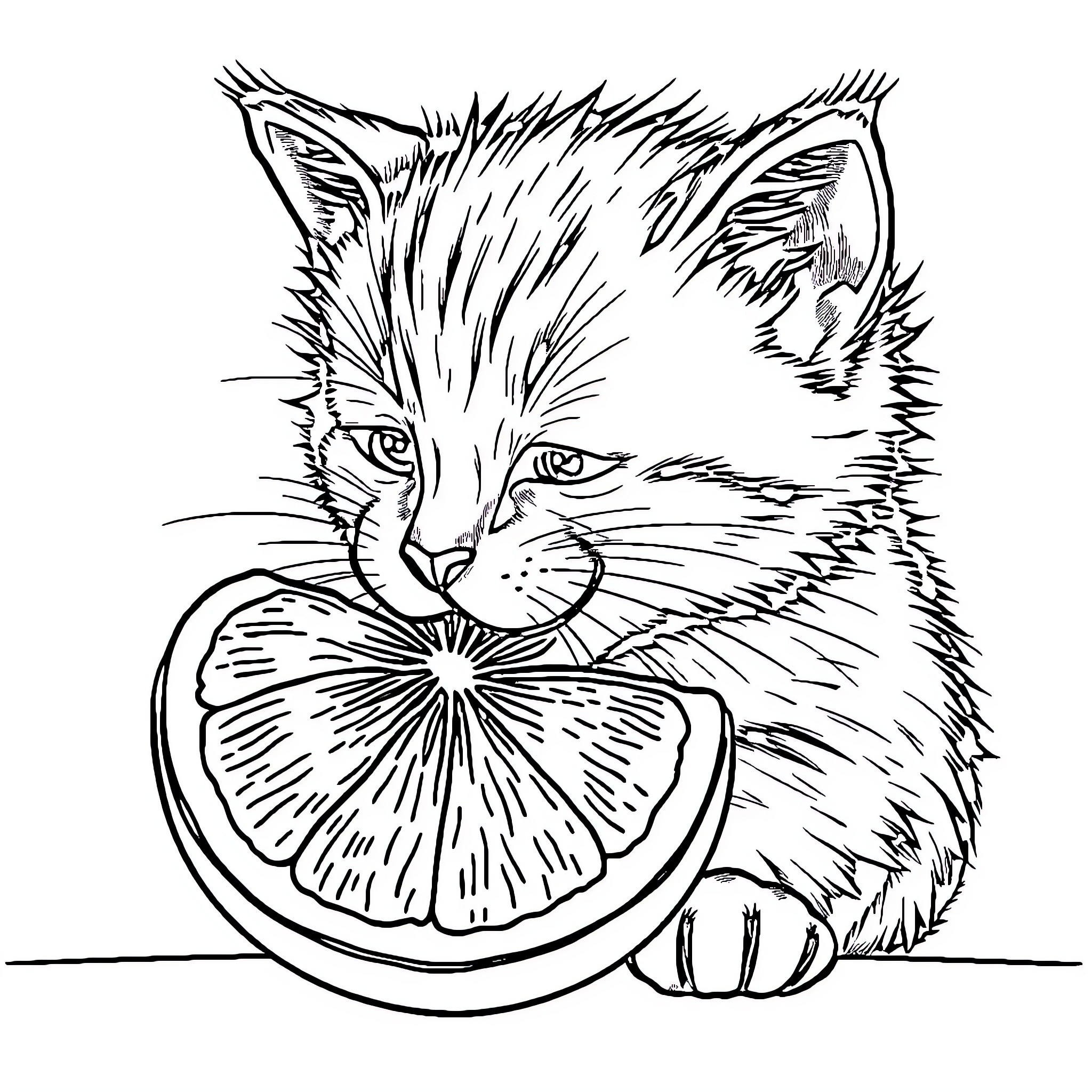 Cat examining a citrus slice Coloring Page (free black-and-white line drawing printable PDF for all, from beginners to advanced learners, including children, teens, adults, and seniors)