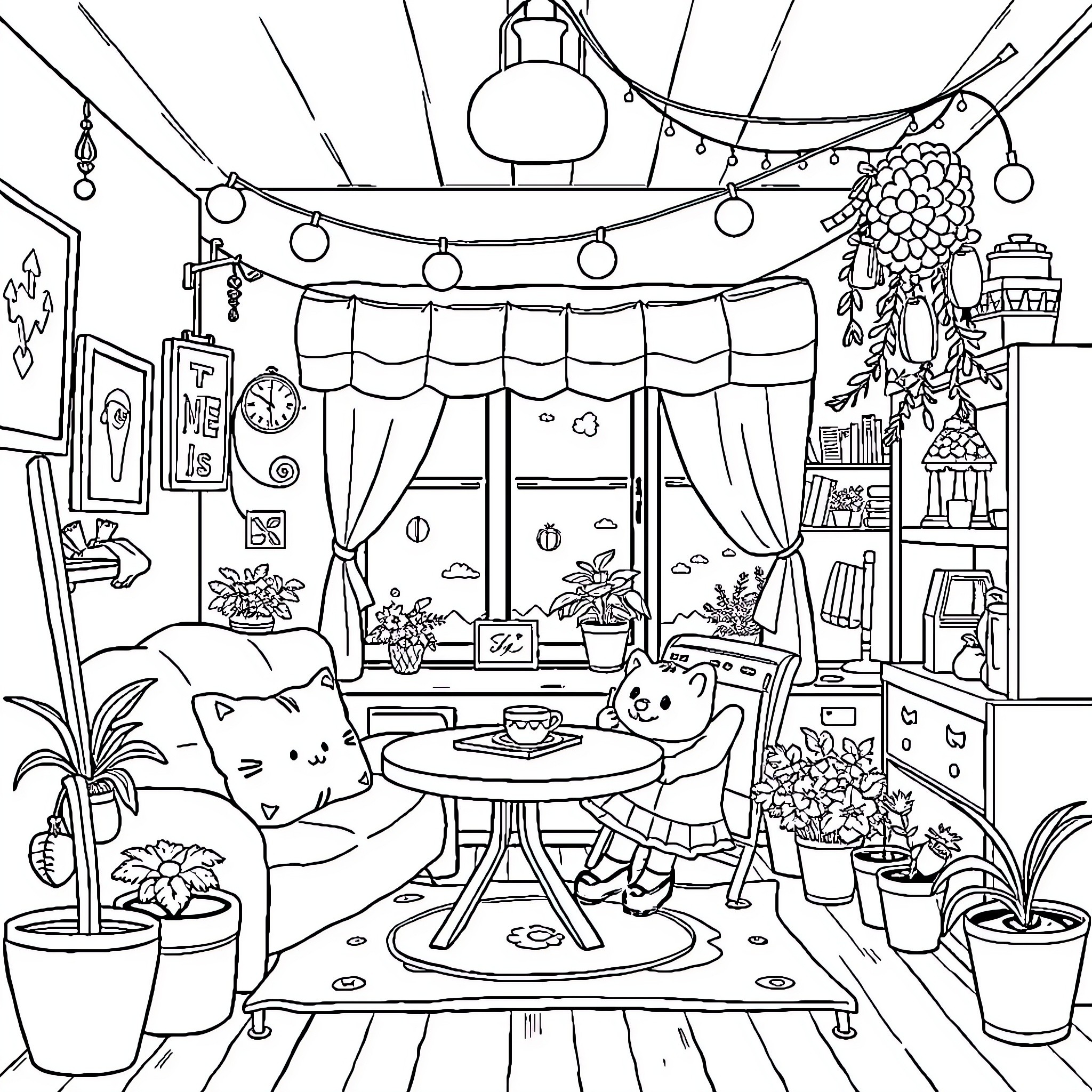 Kiki's Cozy and Charming Room with Decor Coloring Page (free black-and-white line drawing printable PDF for all, from beginners to advanced learners, including children, teens, adults, and seniors)