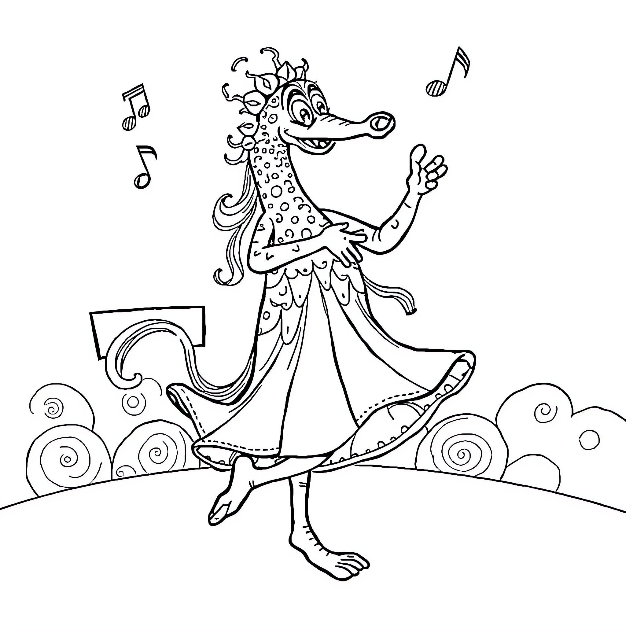 Cyclops creature dancing and singing with music notes Coloring Page (free black-and-white line drawing printable PDF for all, from beginners to advanced learners, including children, teens, adults, and seniors)