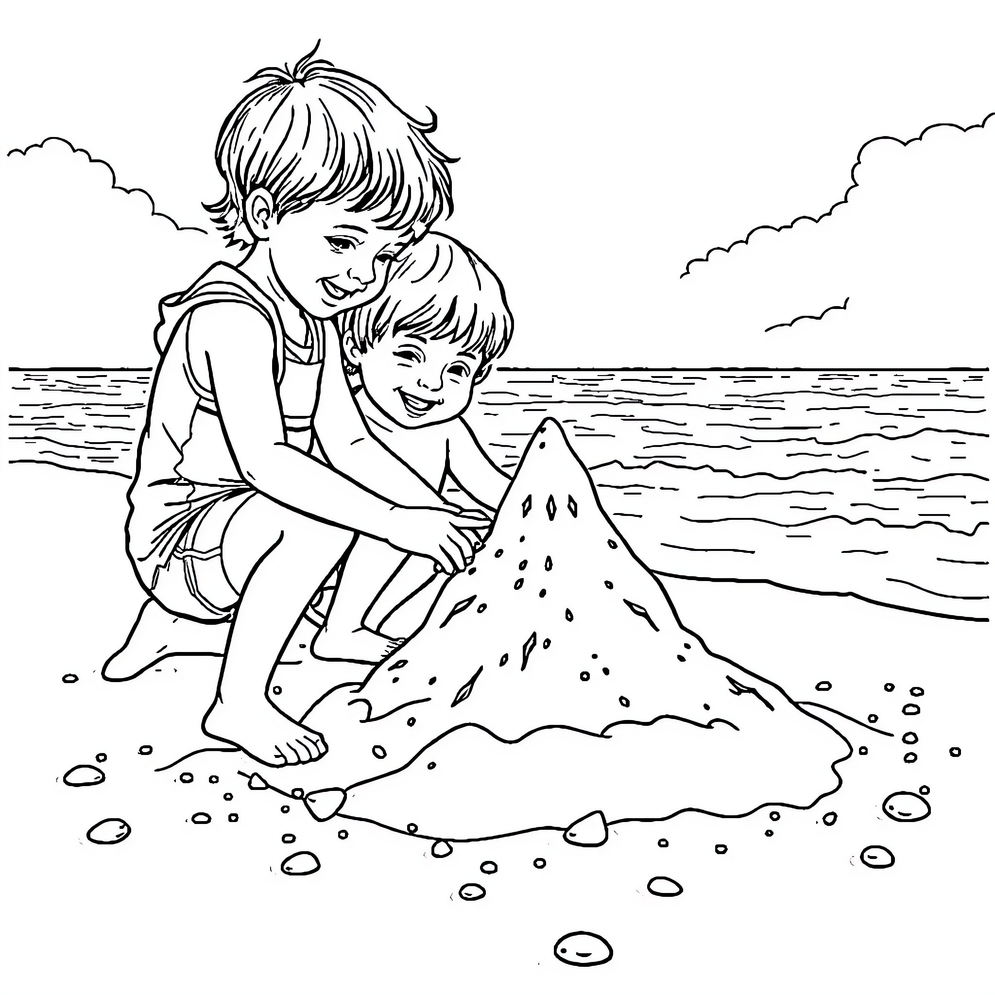 Children Building Sand Castle on the Beach Coloring Page (free black-and-white line drawing printable PDF for all, from beginners to advanced learners, including children, teens, adults, and seniors)