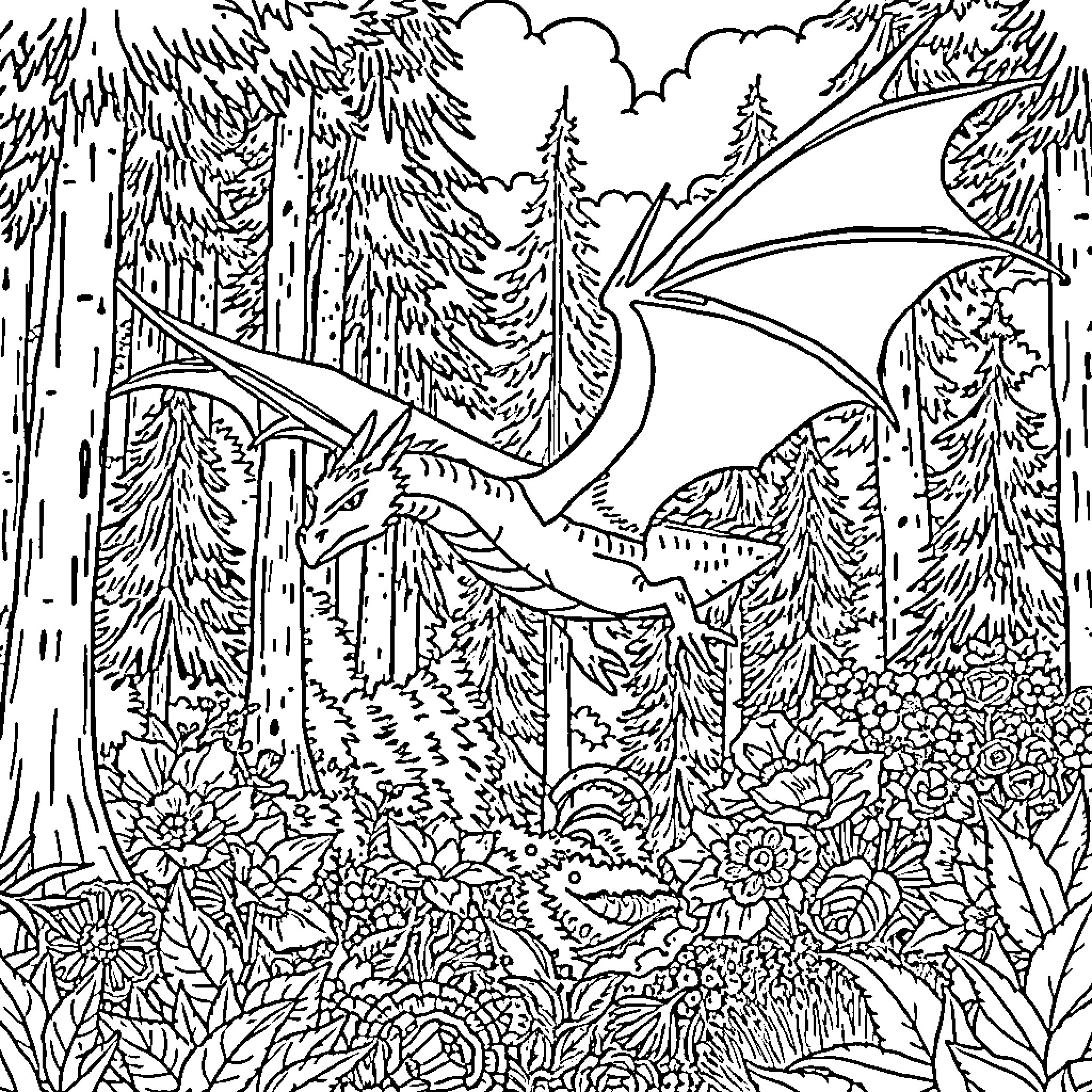 Dragon flying through enchanted forest Coloring Page (free black-and-white line drawing printable PDF for all, from beginners to advanced learners, including children, teens, adults, and seniors)