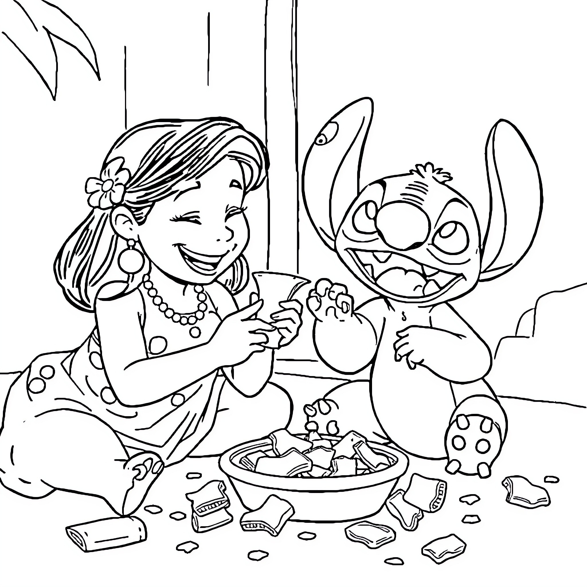 Lilo and Stitch playing happily with toys Coloring Page (free black-and-white line drawing printable PDF for all, from beginners to advanced learners, including children, teens, adults, and seniors)