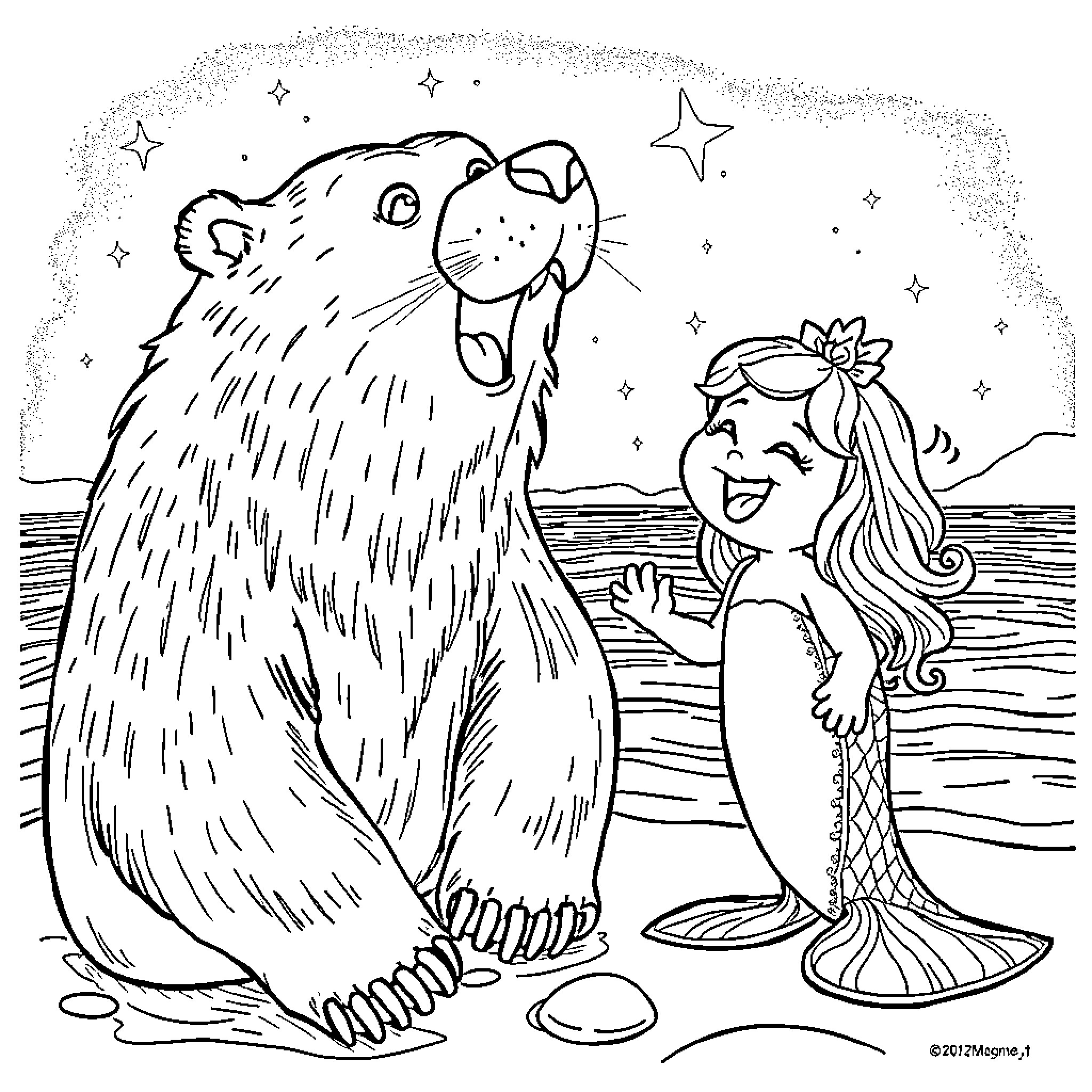 Mermaid and Friendly Sea Creature in Starry Night Coloring Page (free black-and-white line drawing printable PDF for all, from beginners to advanced learners, including children, teens, adults, and seniors)