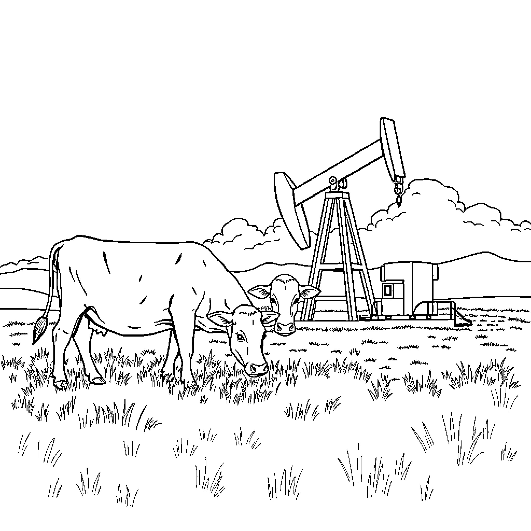 Cow grazing peacefully near oil pump in field Coloring Page (free black-and-white line drawing printable PDF for all, from beginners to advanced learners, including children, teens, adults, and seniors)