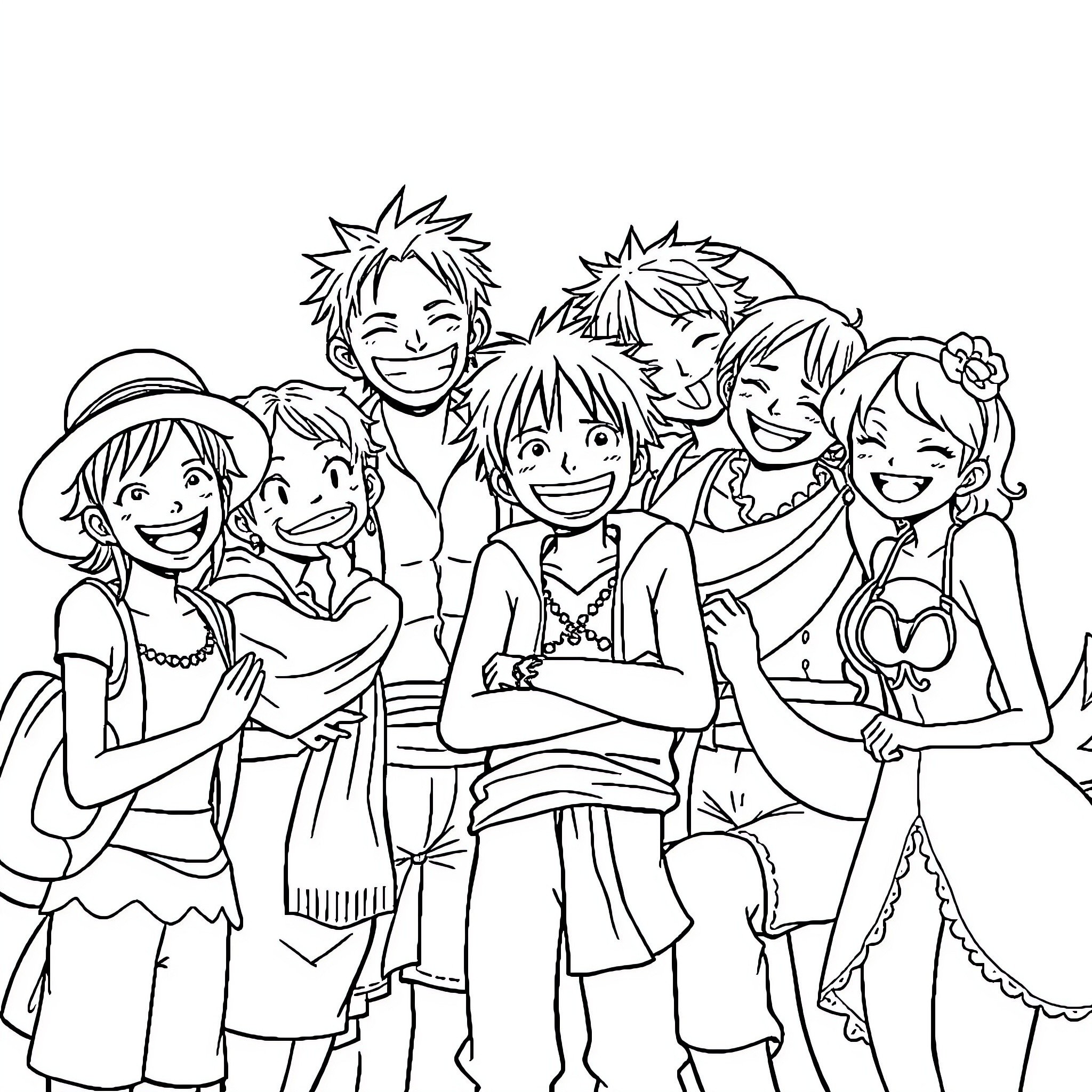 One Piece: Animated Characters in Lively Poses Coloring Page (free black-and-white line drawing printable PDF for all, from beginners to advanced learners, including children, teens, adults, and seniors)