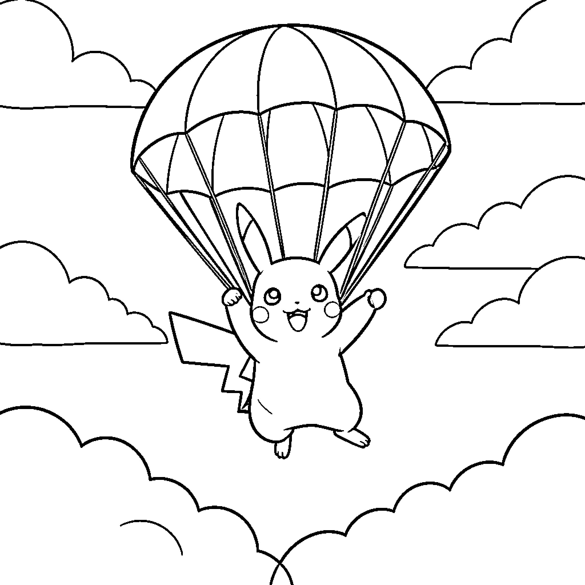 Pikachu skydiving happily with a large parachute Coloring Page (free black-and-white line drawing printable PDF for all, from beginners to advanced learners, including children, teens, adults, and seniors)