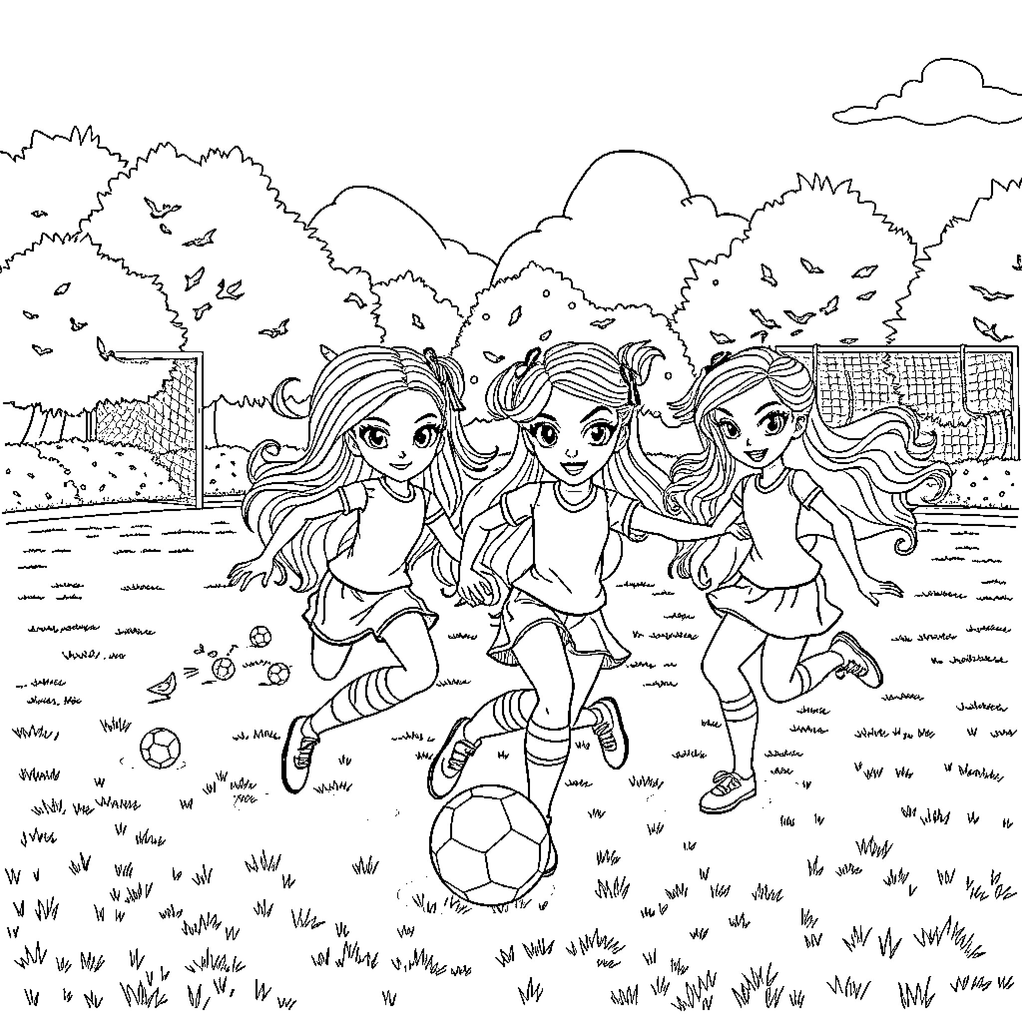 Rainbow High Girls Playing Soccer in the Park Coloring Page (free black-and-white line drawing printable PDF for all, from beginners to advanced learners, including children, teens, adults, and seniors)