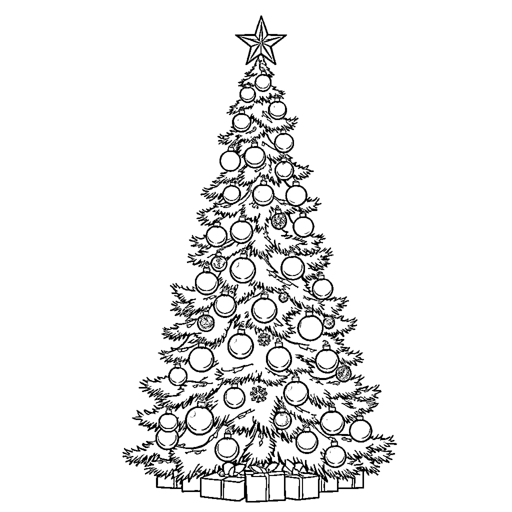 Christmas Tree Adorned with Ornaments and Topper Coloring Page (free black-and-white line drawing printable PDF for all, from beginners to advanced learners, including children, teens, adults, and seniors)