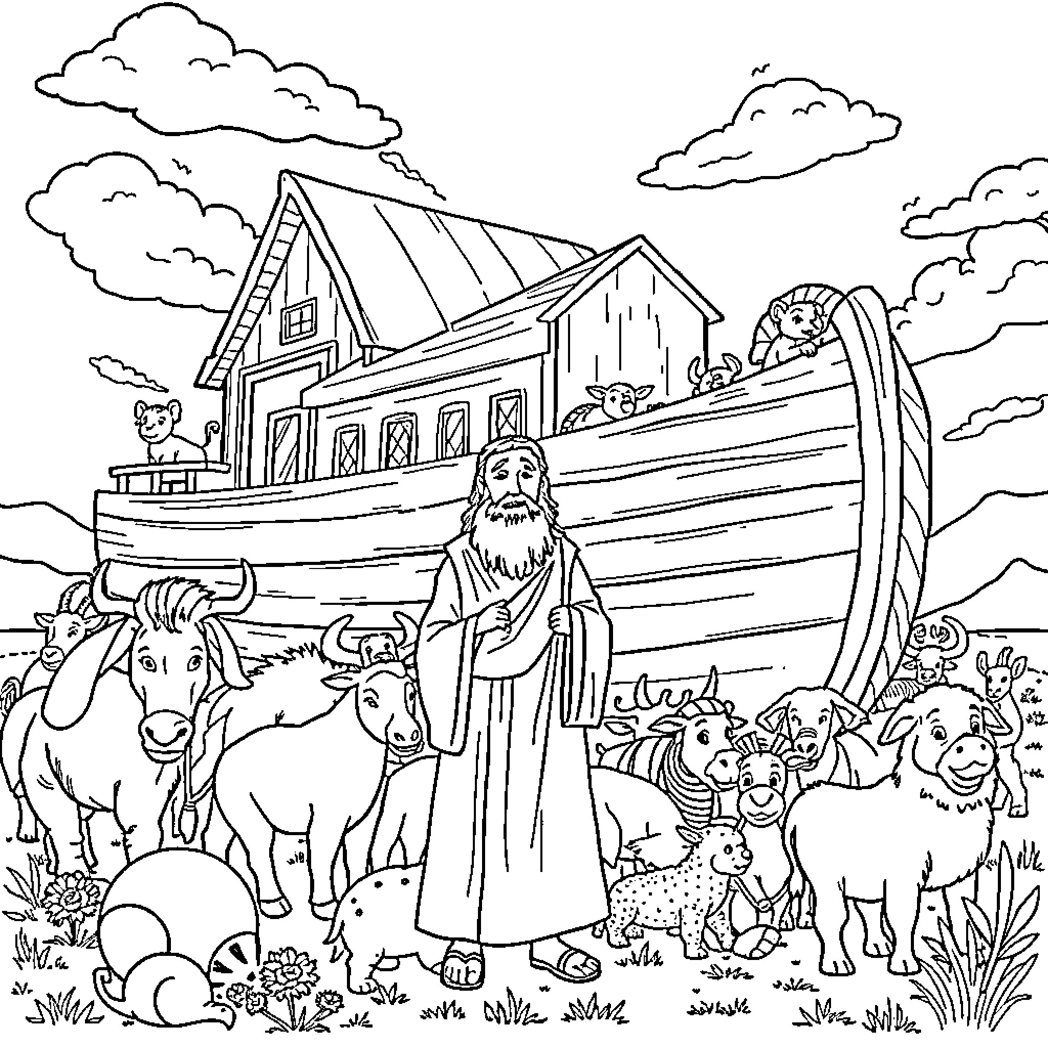 Noah's Ark and its Diverse Inhabitants Coloring Page (free black-and-white line drawing printable PDF for all, from beginners to advanced learners, including children, teens, adults, and seniors)