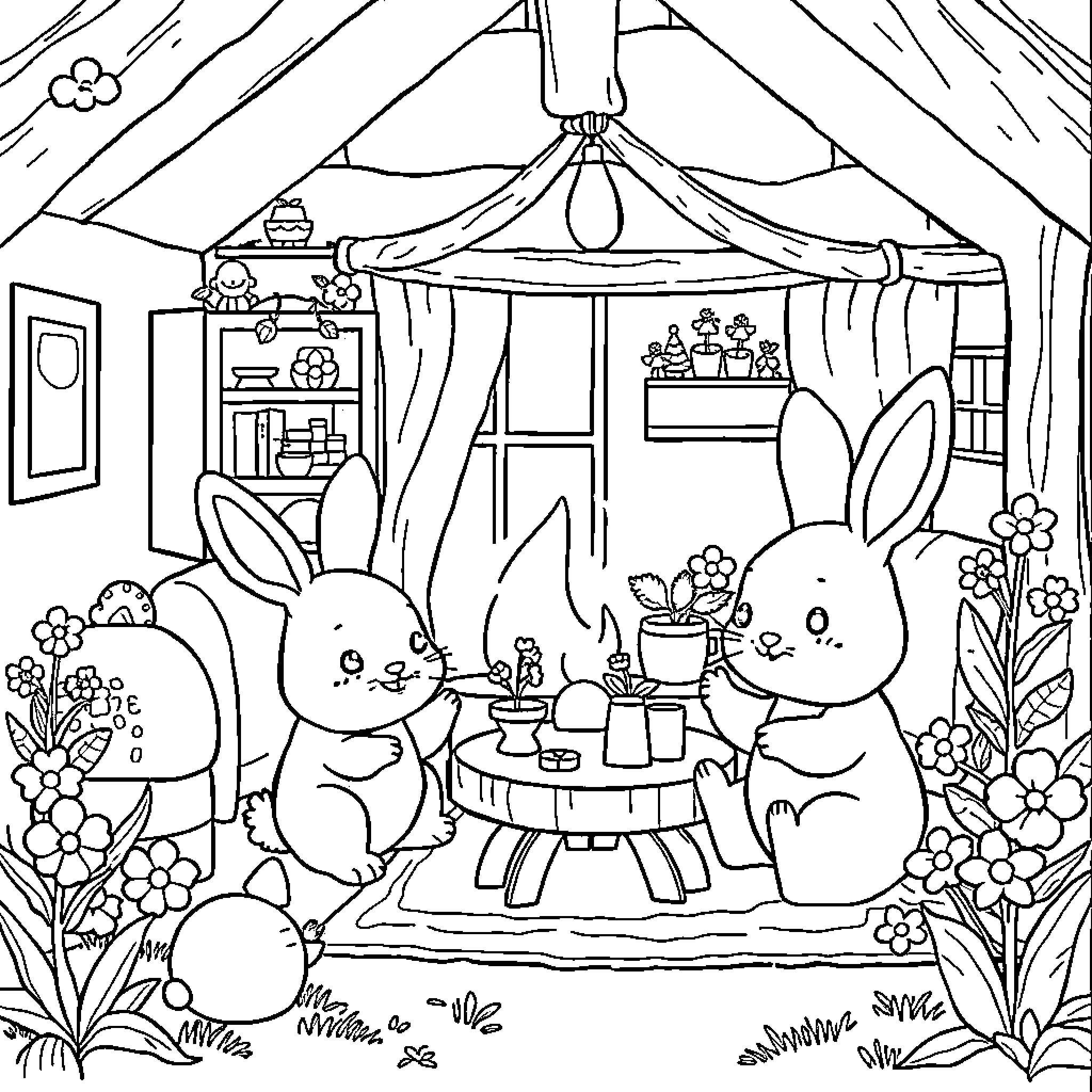 Rabbit friends enjoying a cozy tea party Coloring Page (free black-and-white line drawing printable PDF for all, from beginners to advanced learners, including children, teens, adults, and seniors)