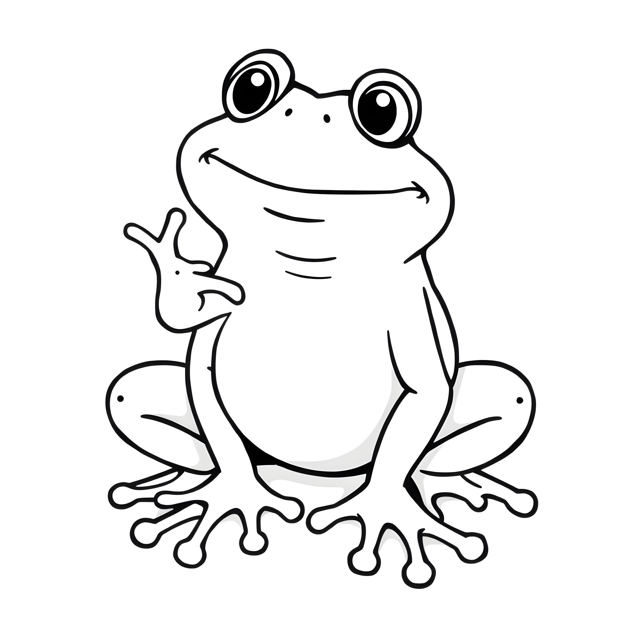 Frog with happy expression Coloring Page (free black-and-white line drawing printable PDF for all, from beginners to advanced learners, including children, teens, adults, and seniors)