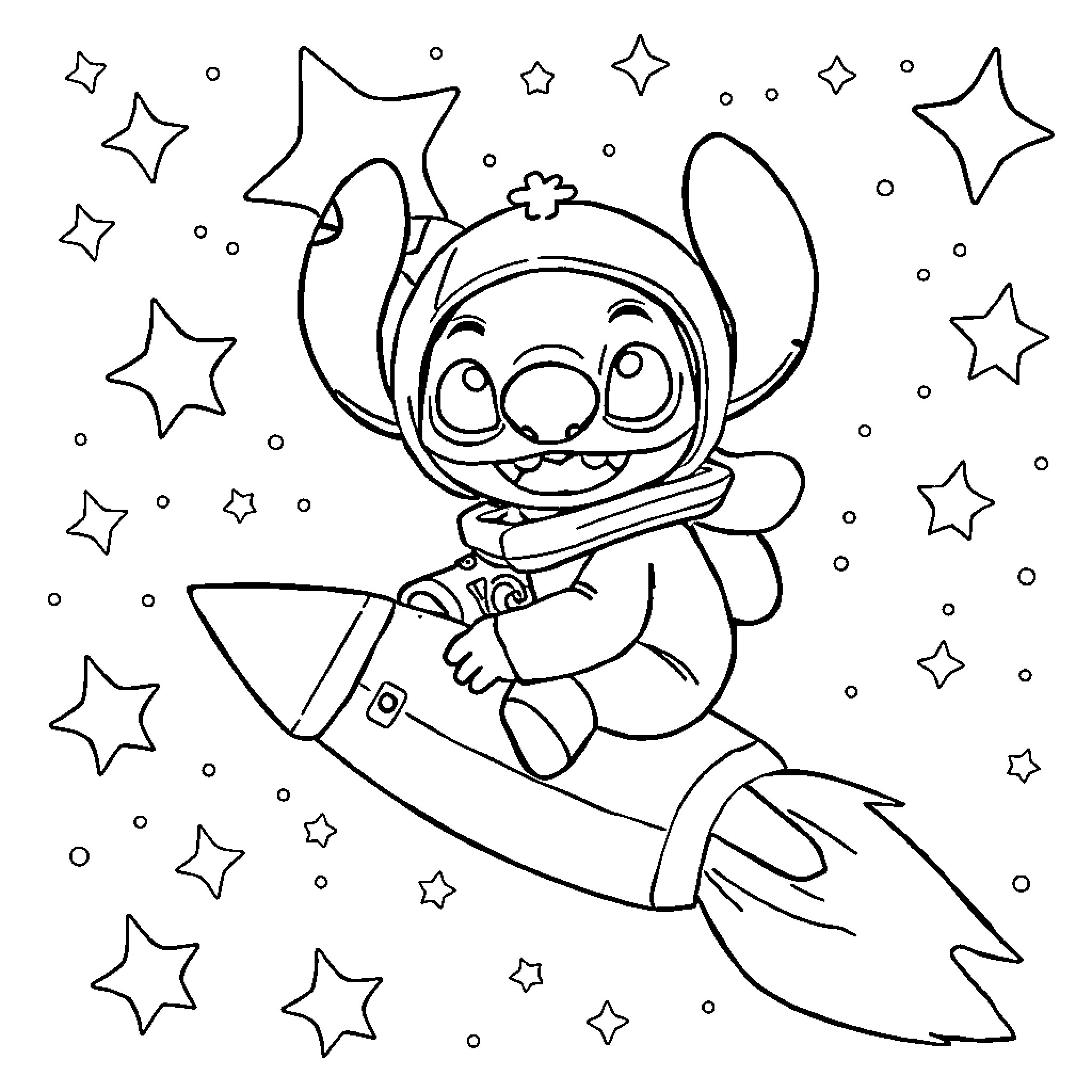 Stitch riding a rocket through the stars Coloring Page (free black-and-white line drawing printable PDF for all, from beginners to advanced learners, including children, teens, adults, and seniors)