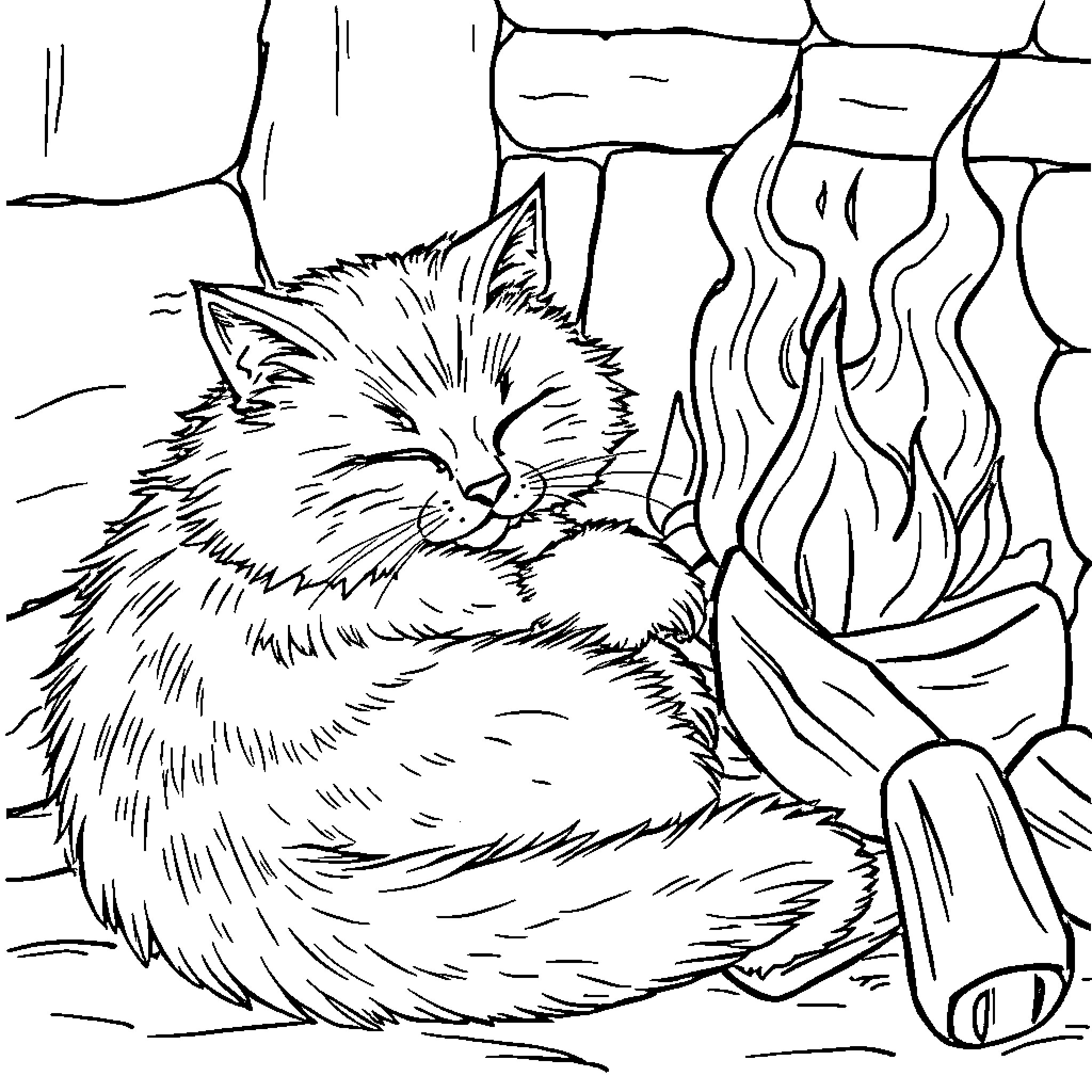 Cat resting by cozy fireplace Coloring Page (free black-and-white line drawing printable PDF for all, from beginners to advanced learners, including children, teens, adults, and seniors)