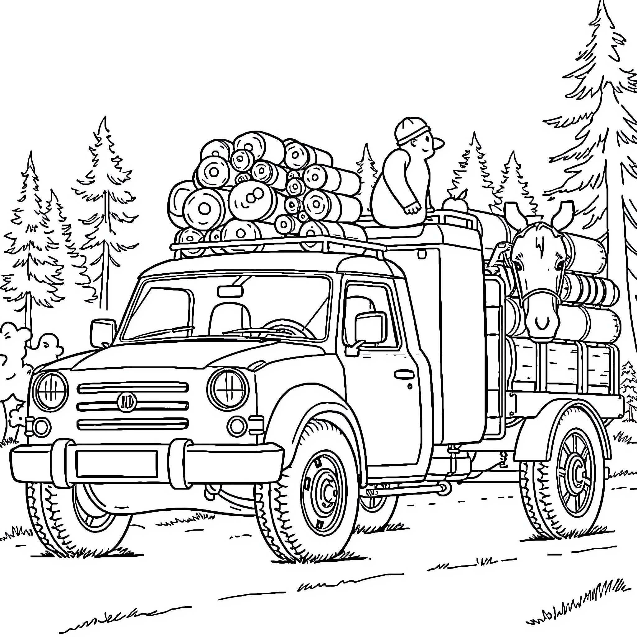 Auto Transporting Logs in Winter Landscape Coloring Page (free black-and-white line drawing printable PDF for all, from beginners to advanced learners, including children, teens, adults, and seniors)